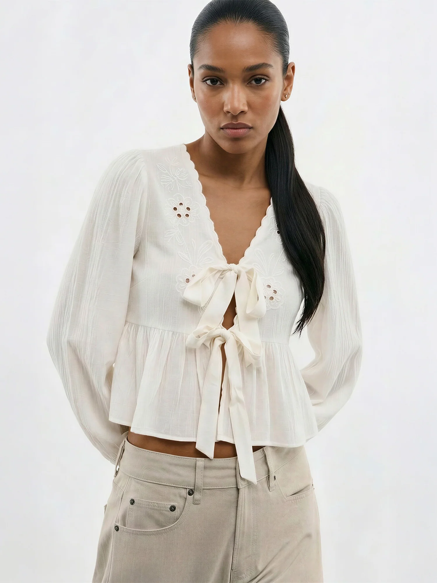 Long Sleeves Tie Front Embrodiery Blouse - Image 2