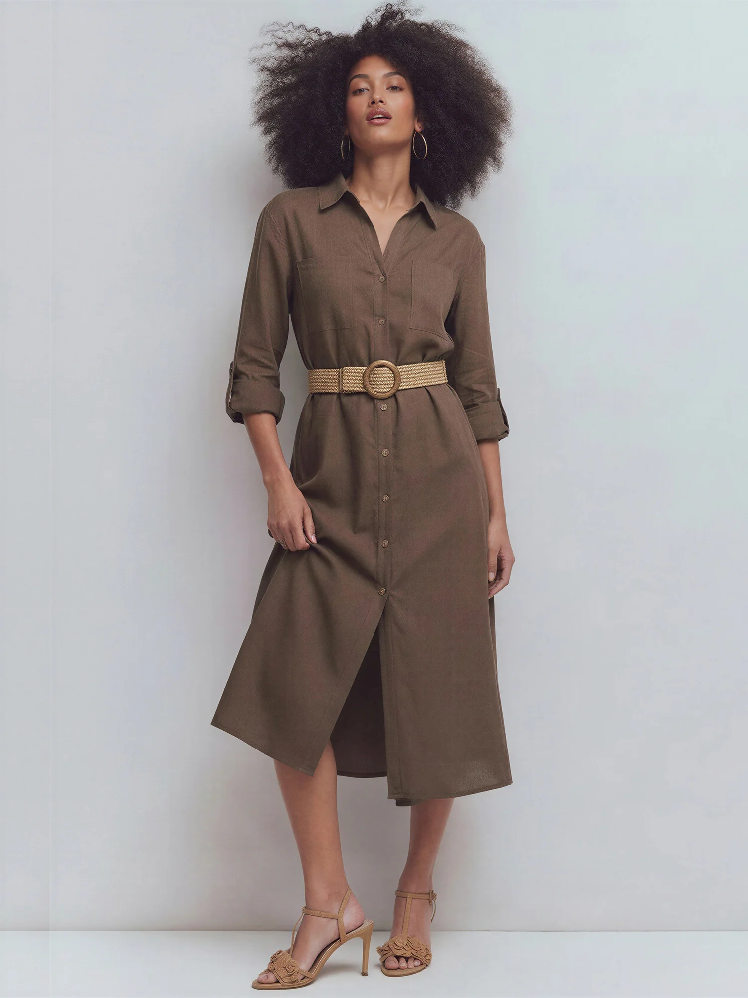 Long Sleeve Utility Button Down Linen Shirt Midi Dress - Image 6