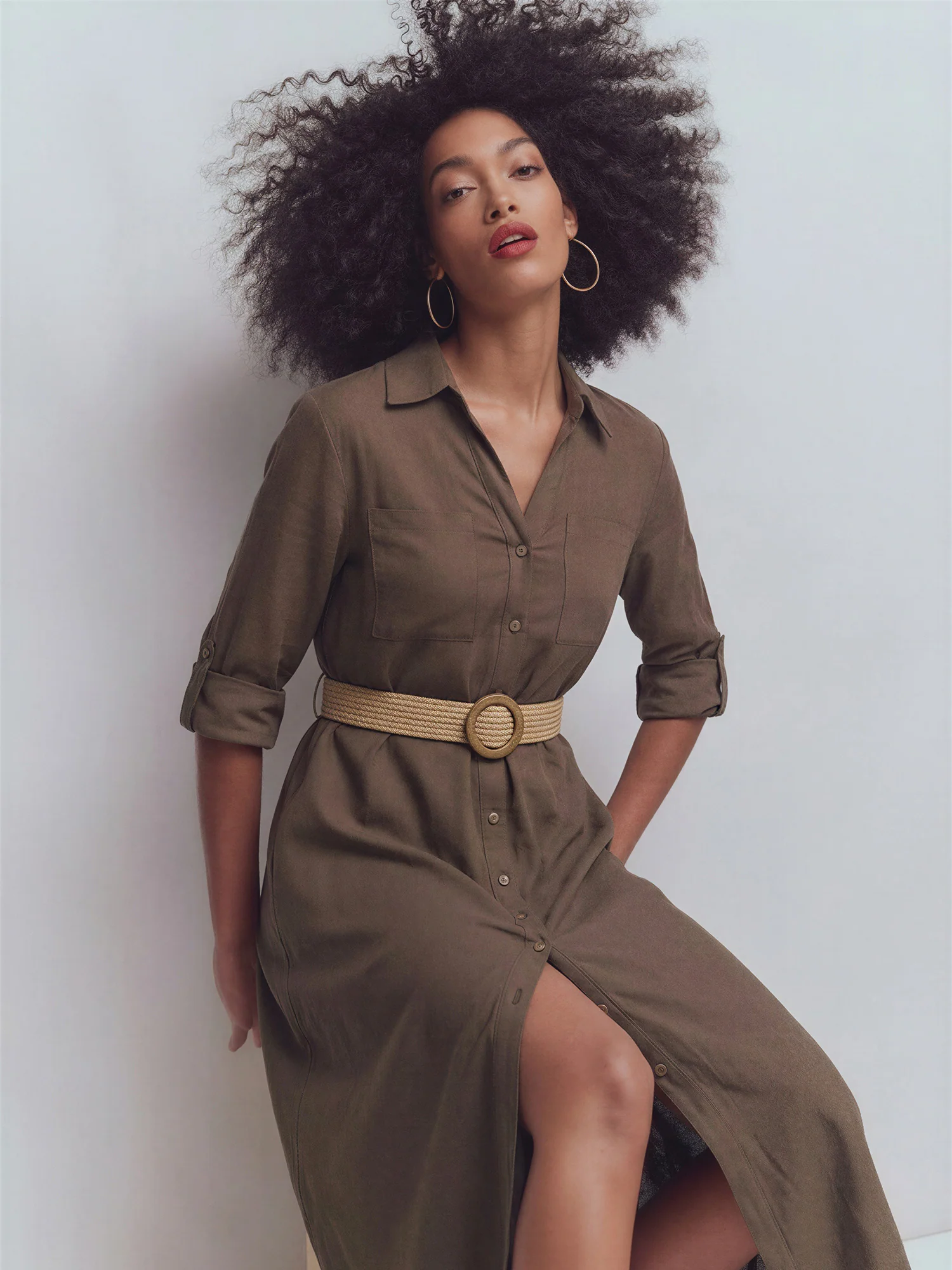 Long Sleeve Utility Button Down Linen Shirt Midi Dress - Image 8