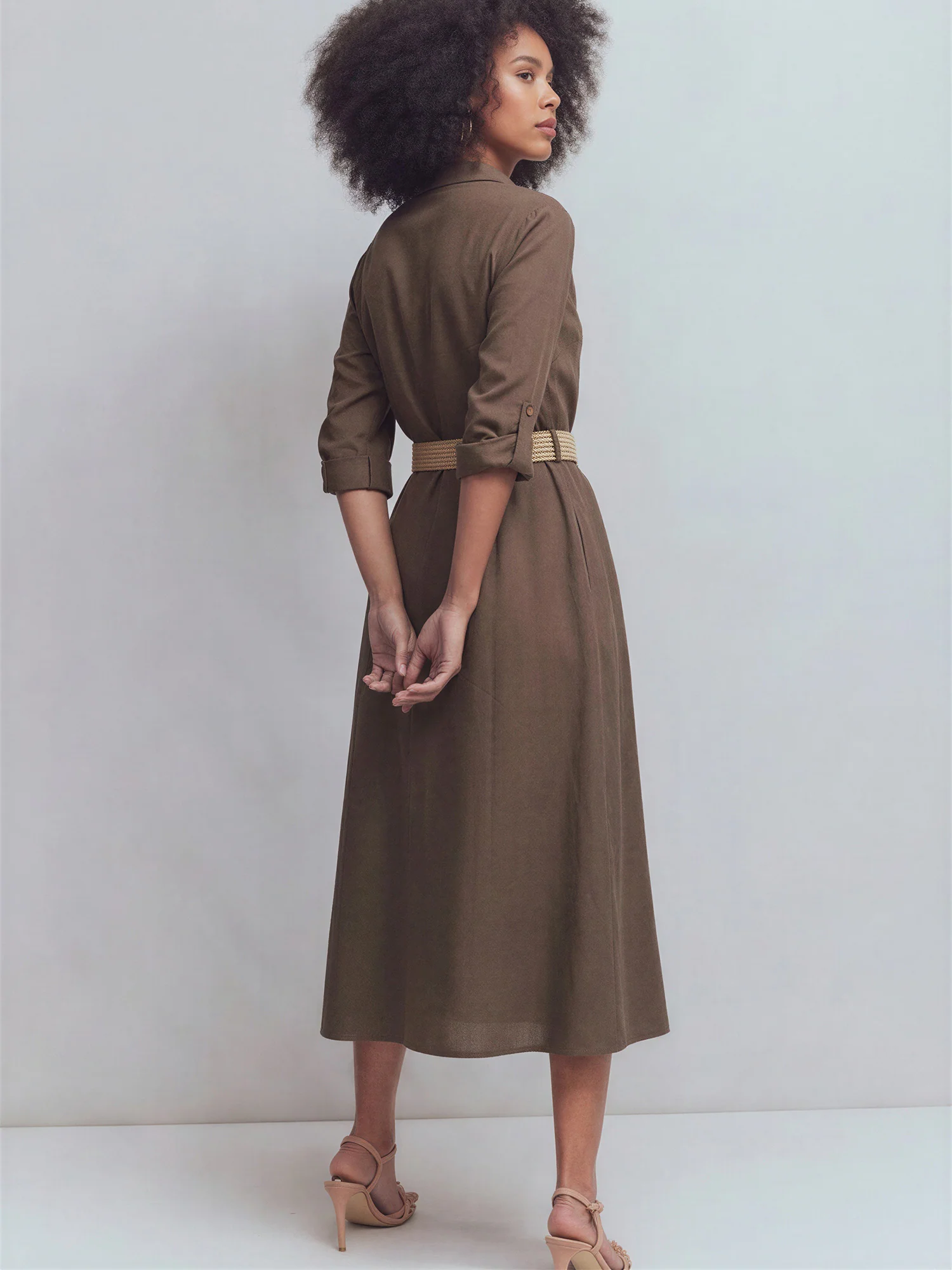 Long Sleeve Utility Button Down Linen Shirt Midi Dress - Image 9