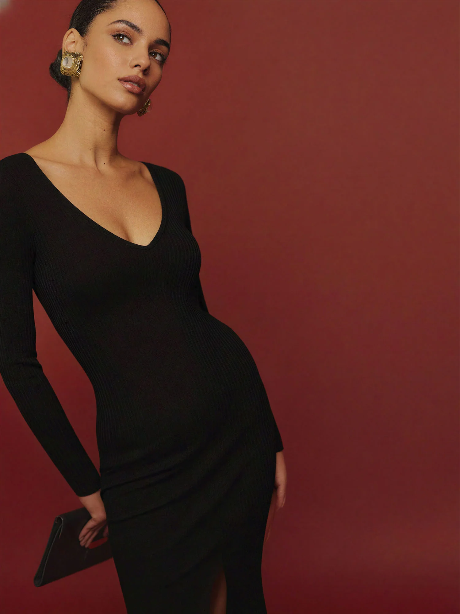 V Neck Knit Bodycon Slit Midi Dress - Image 3