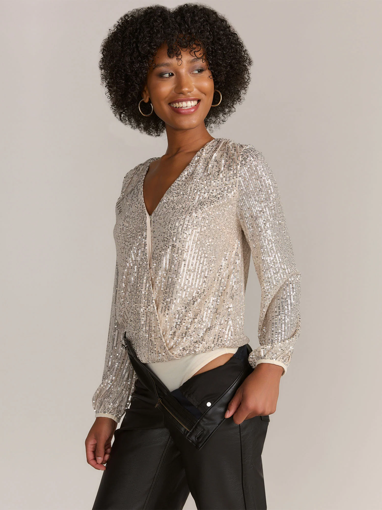 Gilli Long Sleeve V-Neck Sequin Bodysuit - Brands We Love - Image 2