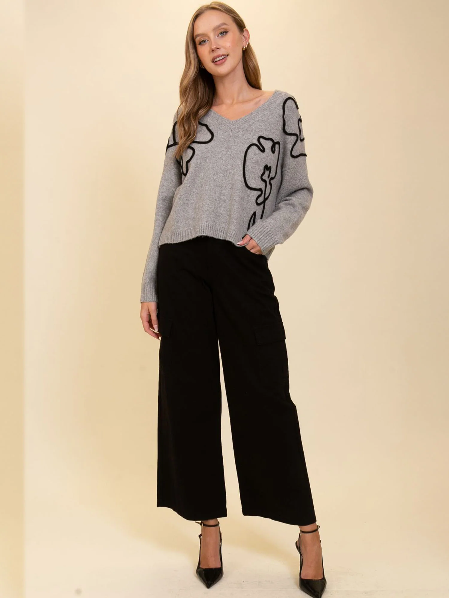 Long Sleeves V-Neck Embroidered Flower Sweater - Image 2