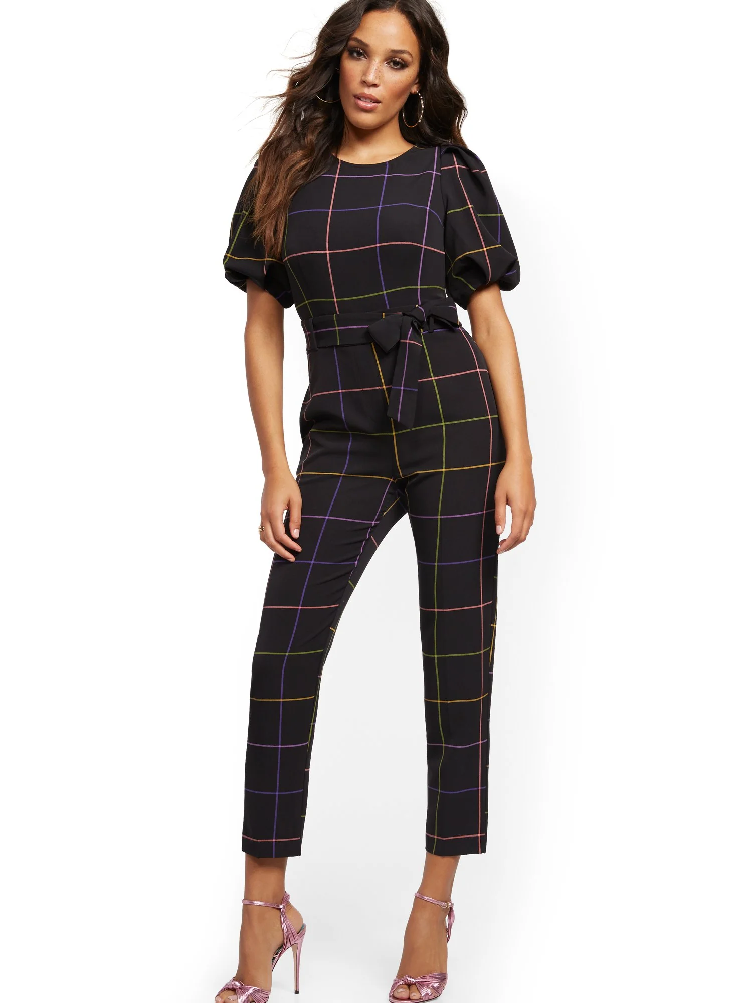 Madie Puff-Sleeve Rainbow-Plaid Jumpsuit - 7th Avenue