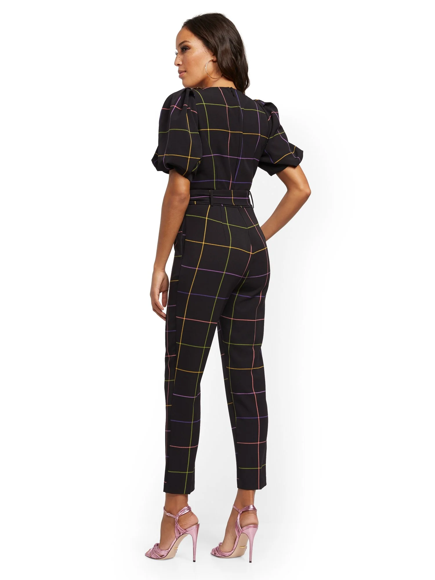 Madie Puff-Sleeve Rainbow-Plaid Jumpsuit - 7th Avenue - Image 3
