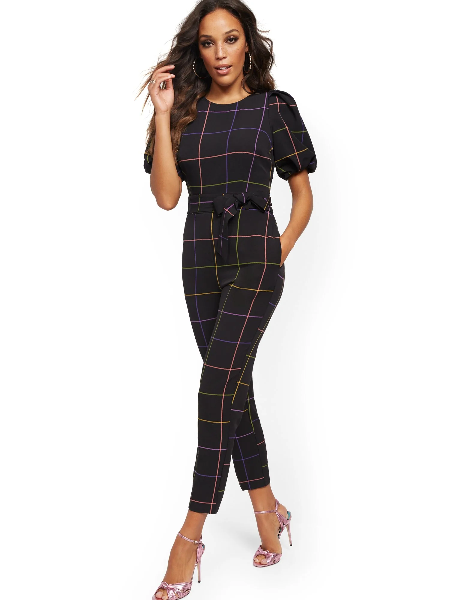 Madie Puff-Sleeve Rainbow-Plaid Jumpsuit - 7th Avenue - Image 4