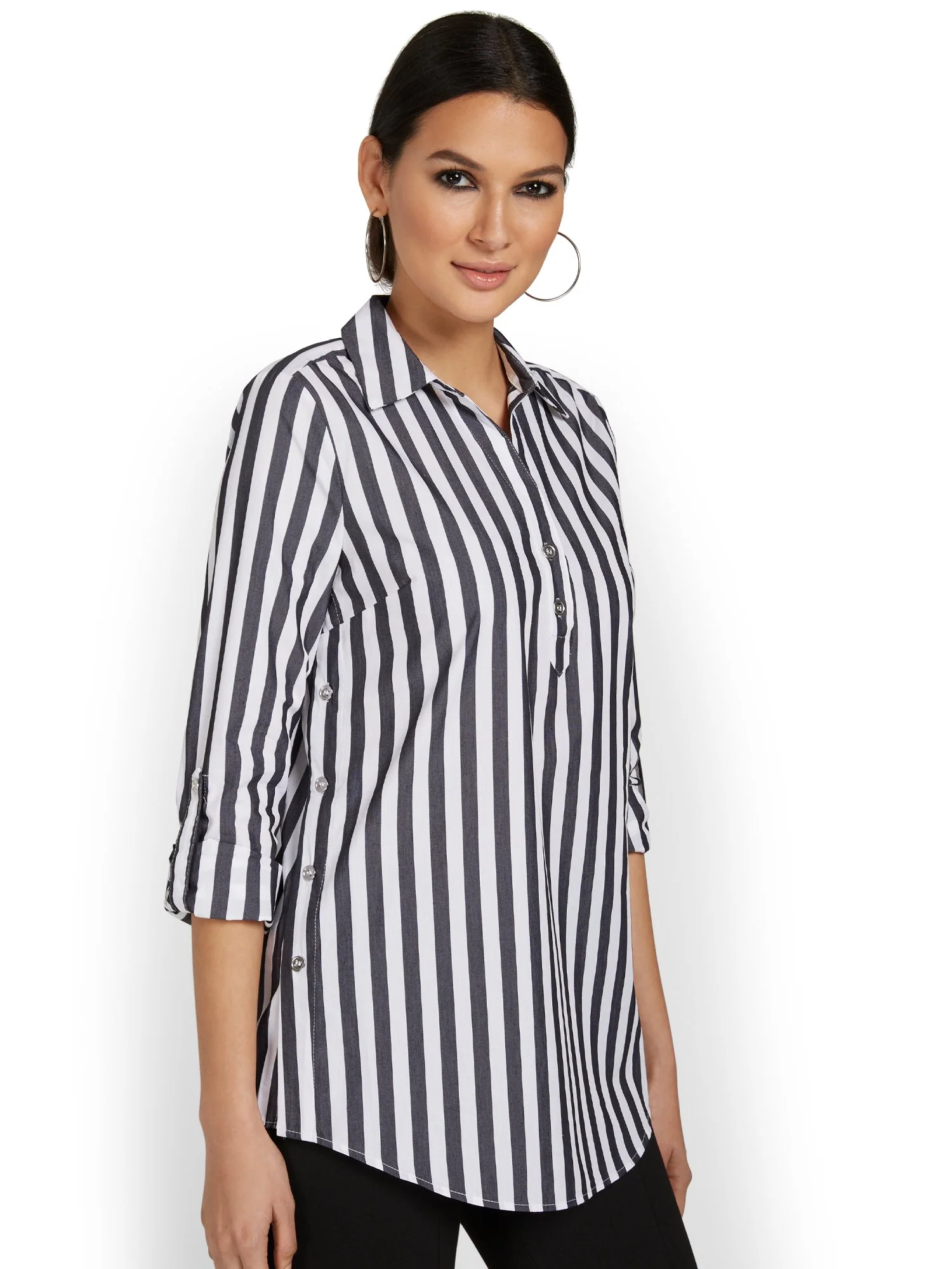 Madison Button-Detail Tunic Top - Stripe