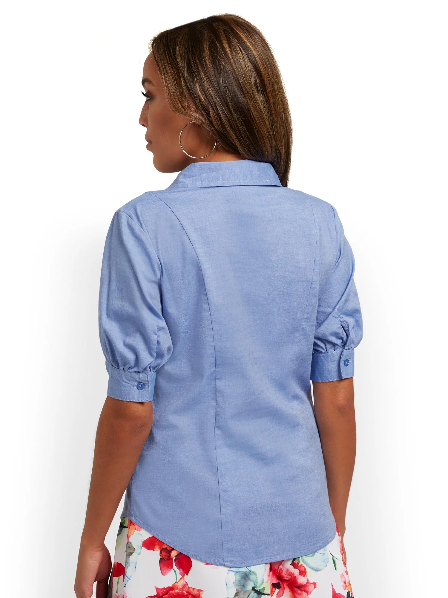 Madison Puff-Sleeve Button-Front Shirt - Light Chambray - Image 3