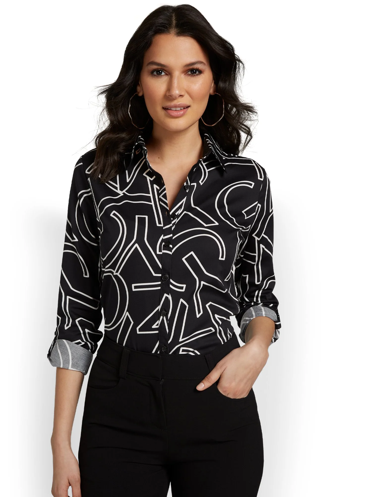 Madison Roll-Sleeve Button-Front Secret Snap Shirt - NYC Logo - Image 2