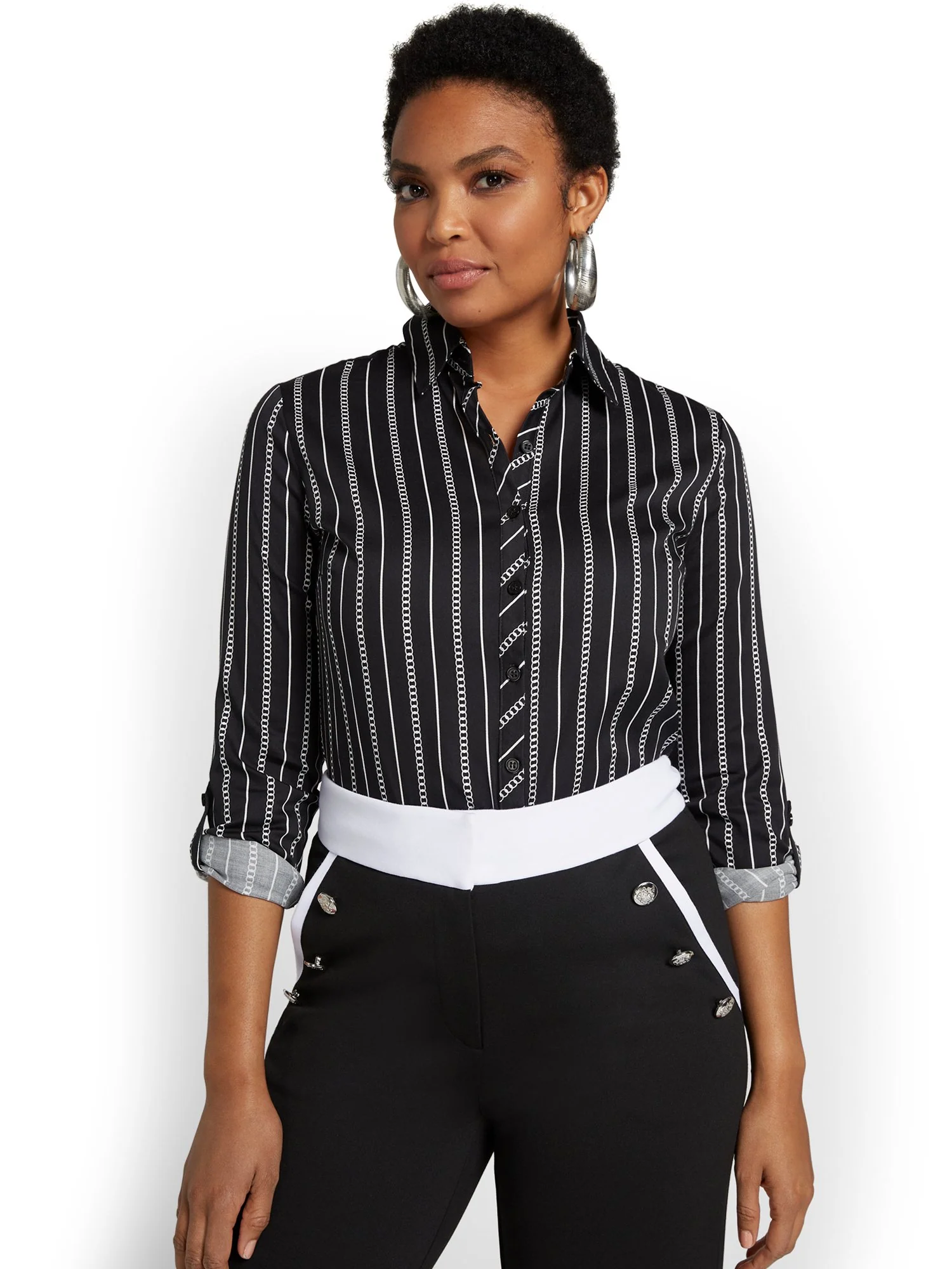 Madison Roll-Sleeve Button-Front Secret Snap Shirt - Striped - Image 2