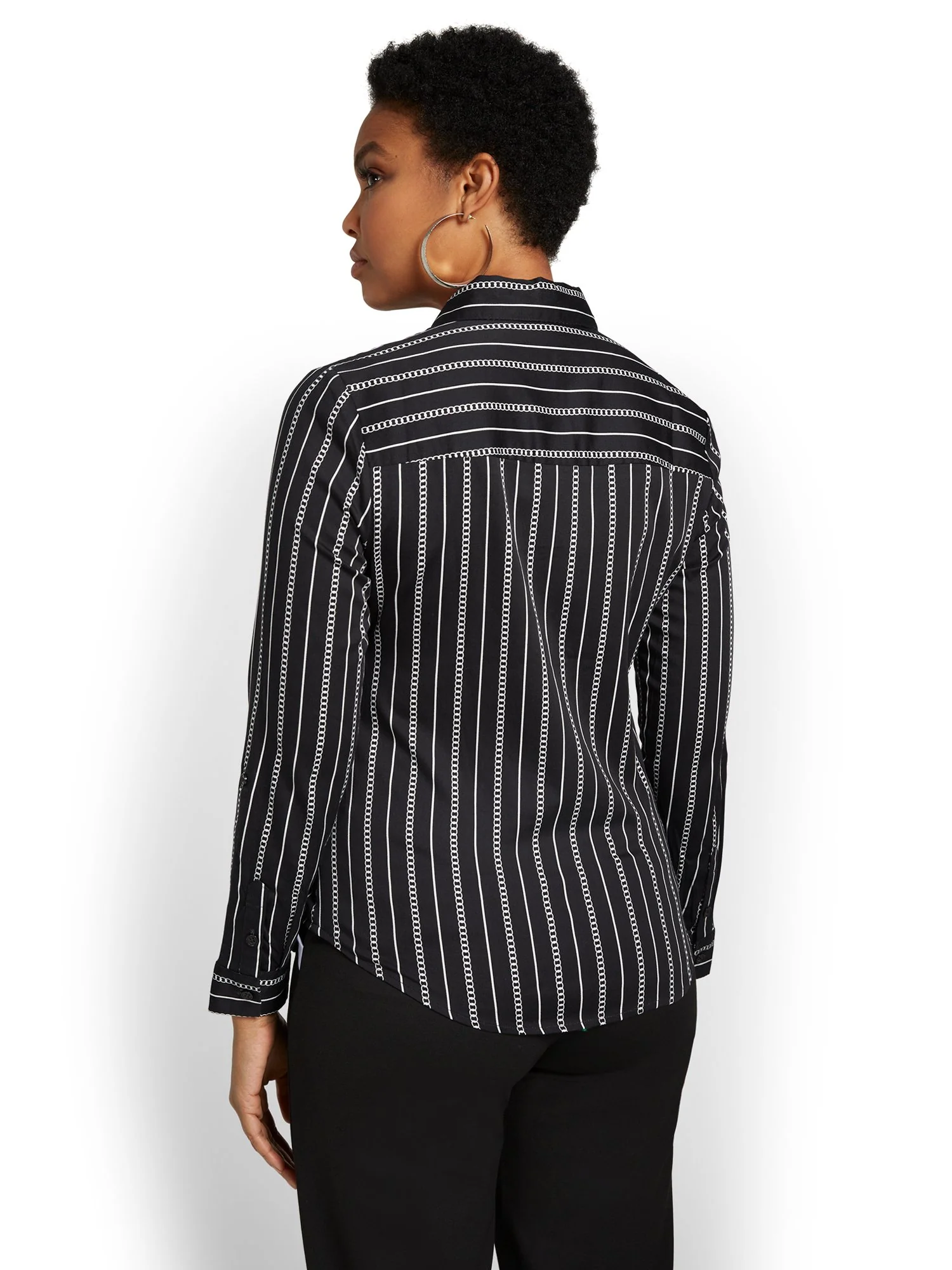 Madison Roll-Sleeve Button-Front Secret Snap Shirt - Striped - Image 3