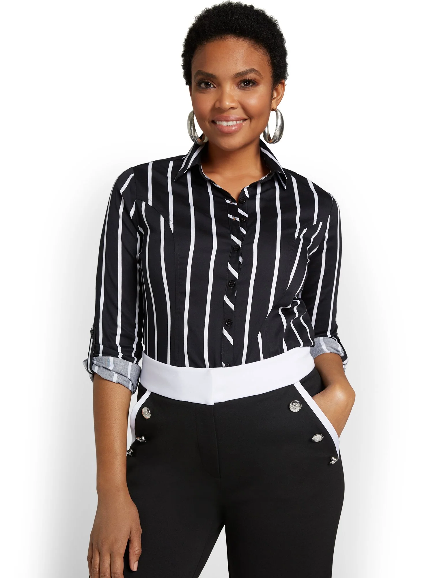 Madison Roll-Sleeve Button-Front Shirt - Striped - Image 2