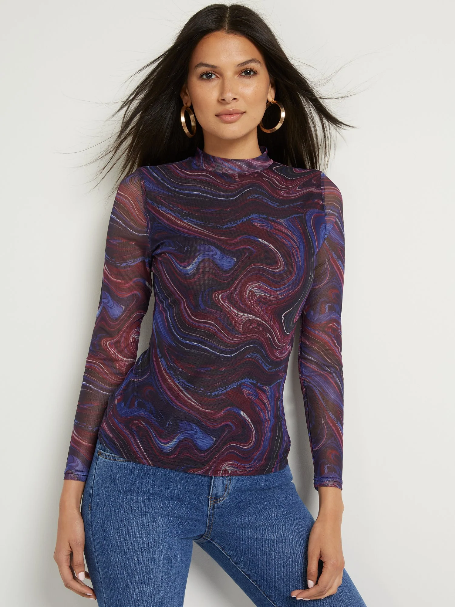 Marble-Print Mock-Neck Mesh Top - Image 2