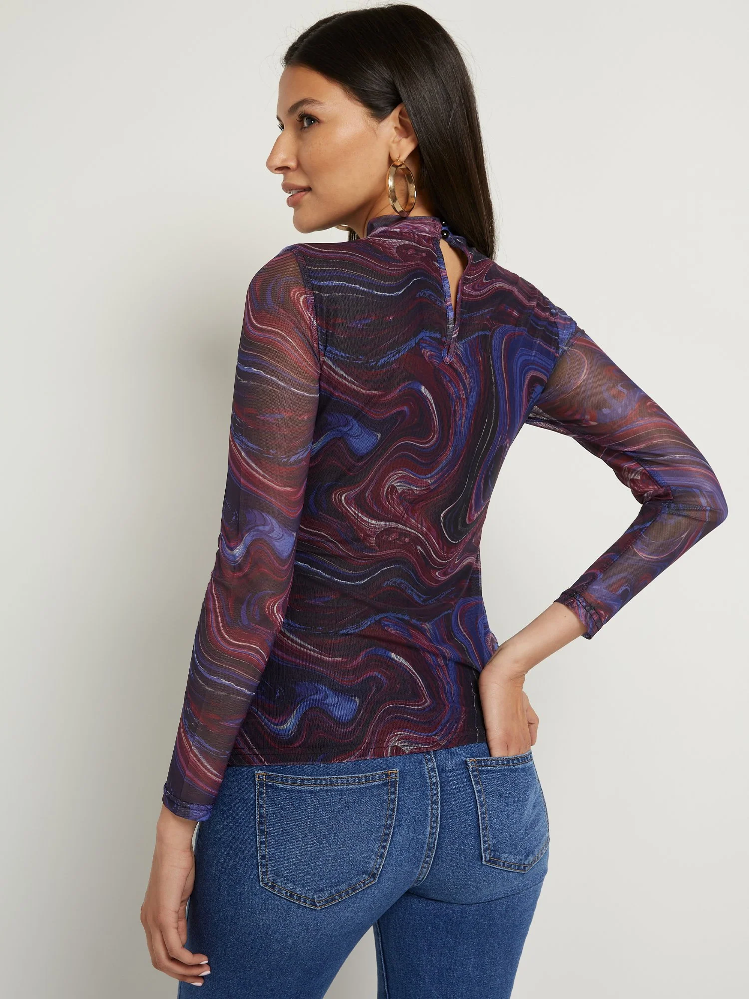 Marble-Print Mock-Neck Mesh Top - Image 3