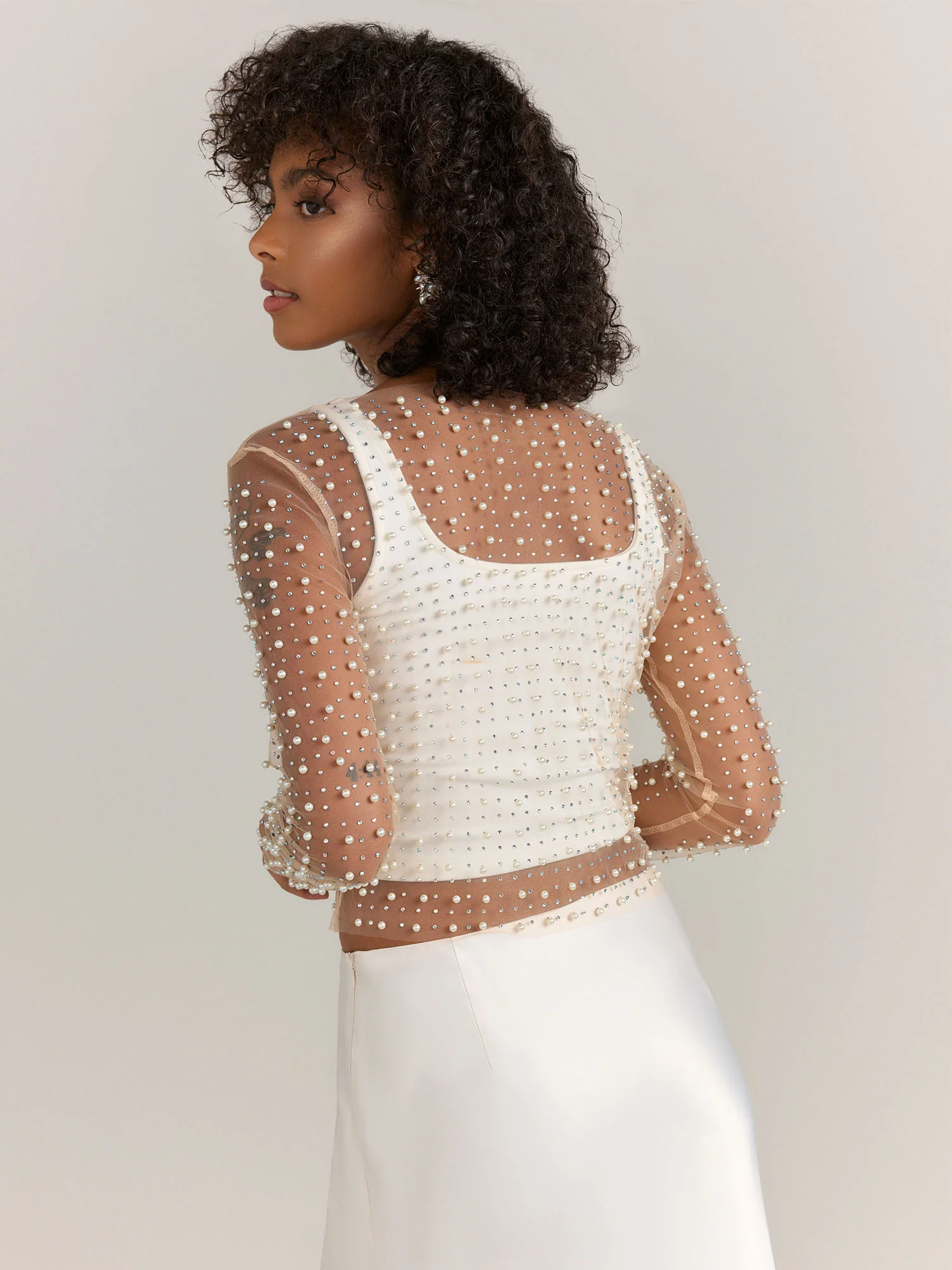 Vine Tree Rhinestone Pearl Embellished Mesh Crop Top - Brands We Love - Image 8