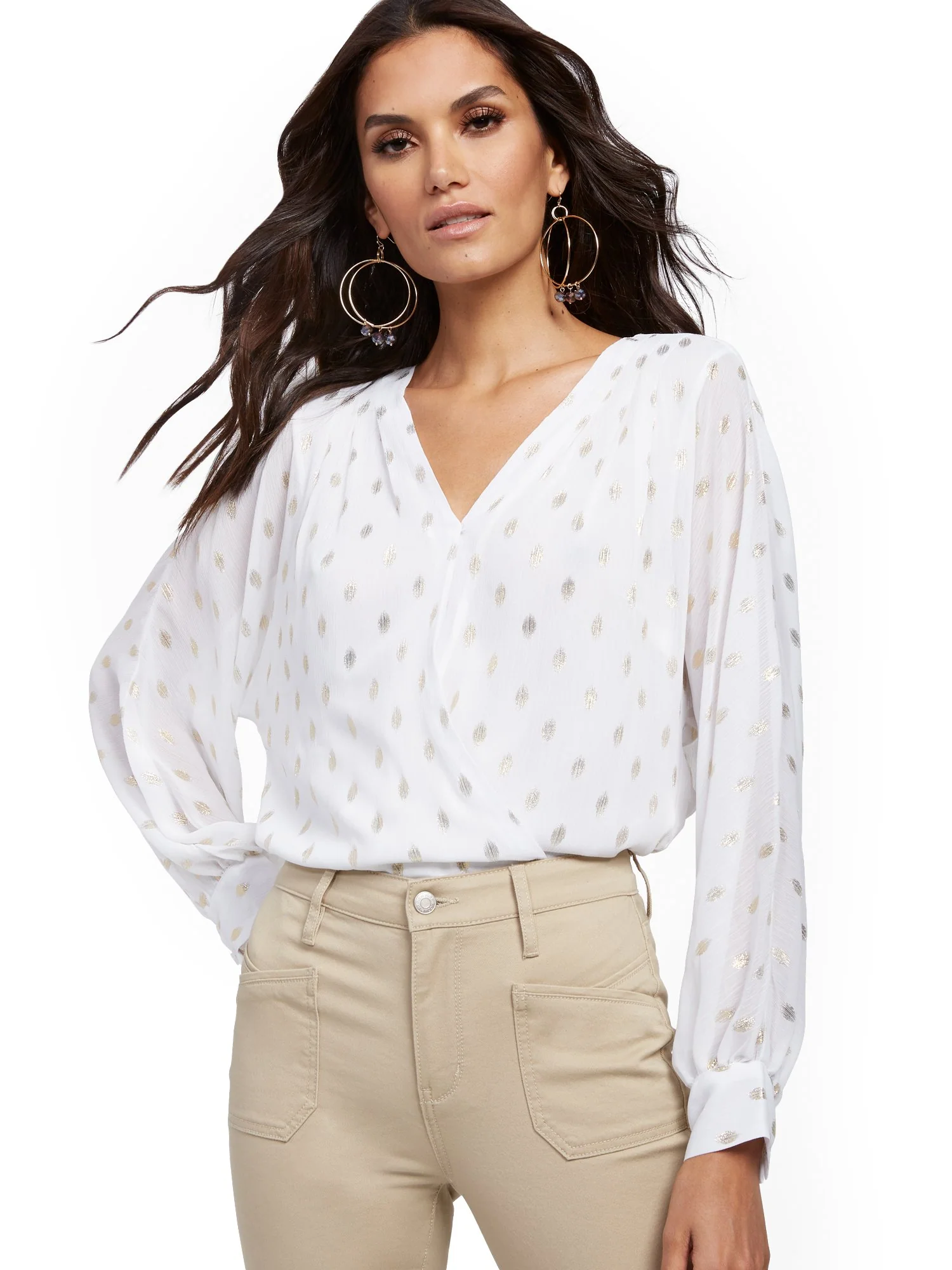Metallic-Dot Pleated Wrap Blouse - Image 2