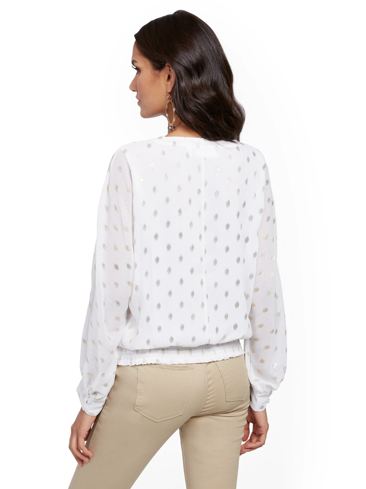 Metallic-Dot Pleated Wrap Blouse - Image 3