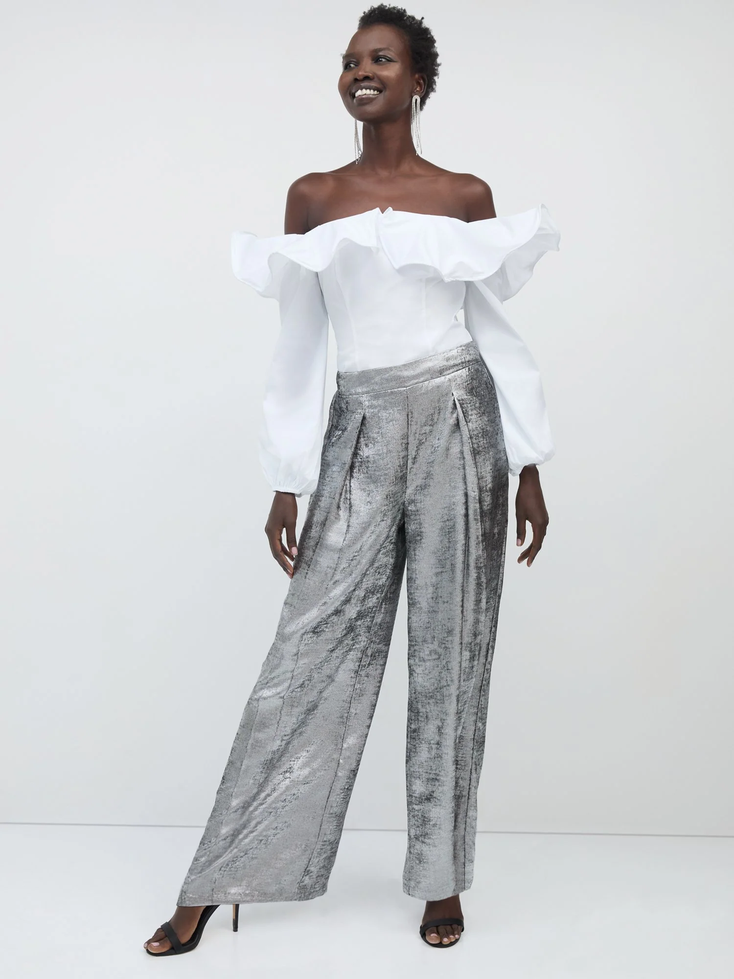 Metallic Pleated Wide-Leg Pant
