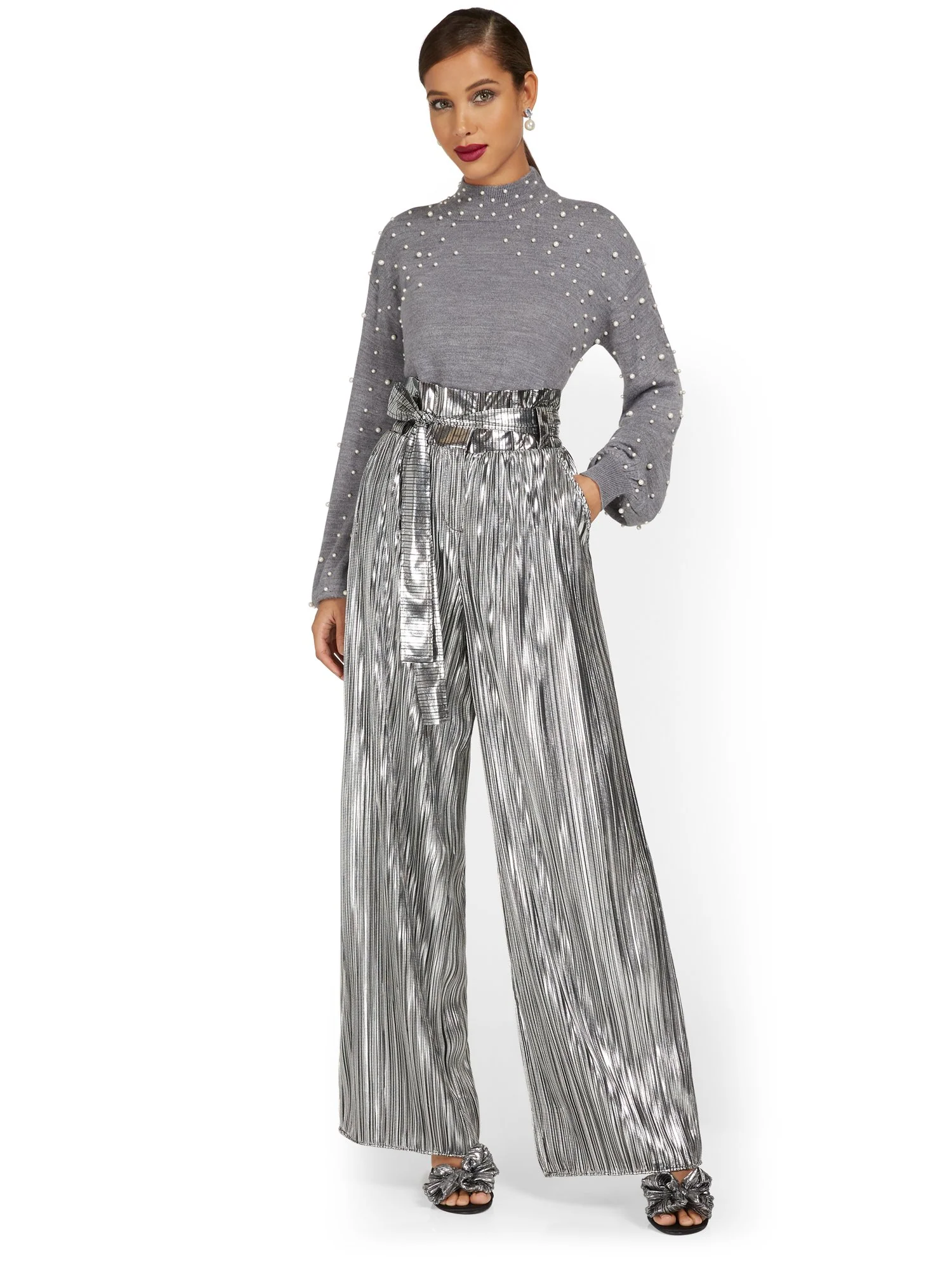 Metallic Pleated Wide-Leg Pant - Image 4