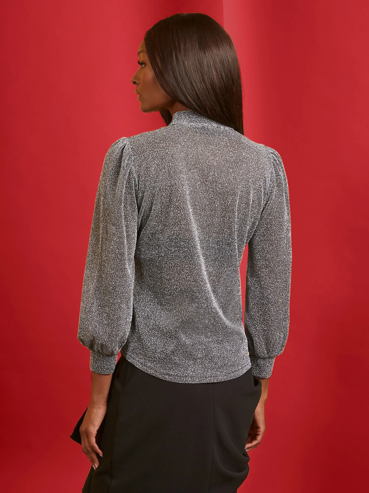 Metallic Puff-Sleeve Tie-Front Top - Image 3