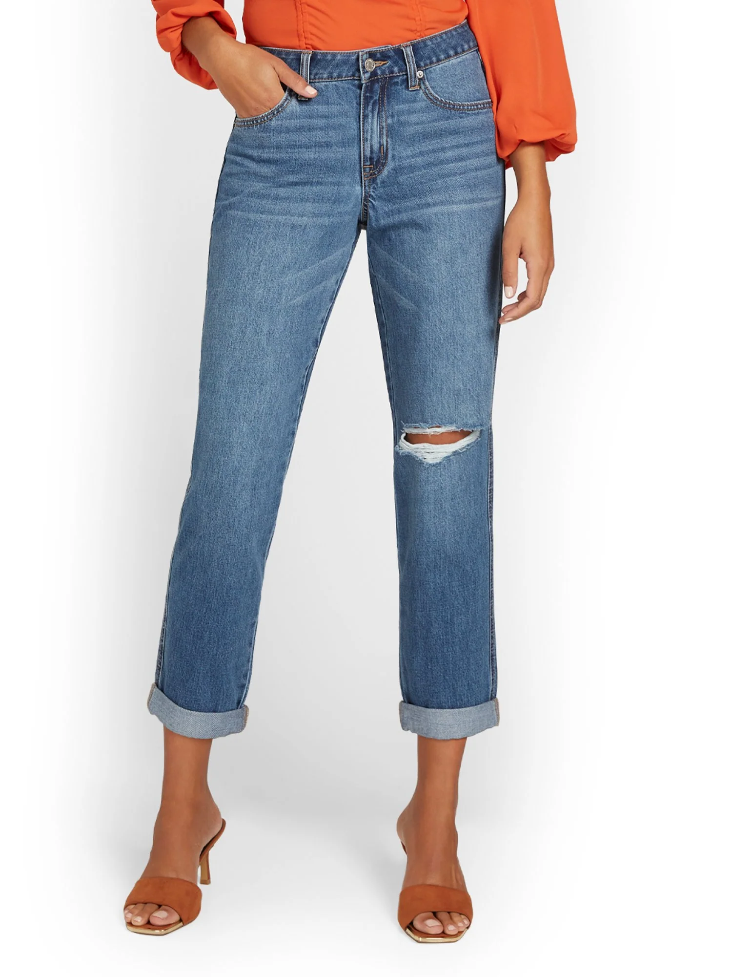 Mid-Rise Boyfriend Ankle Jeans - Dark Blue Wash - Image 2