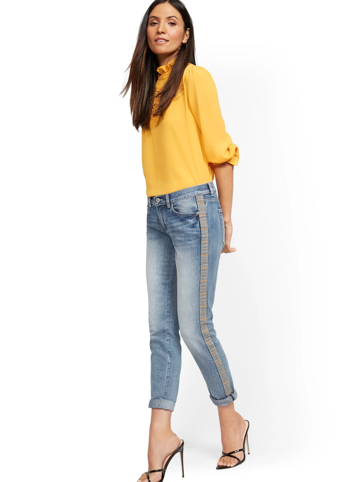 Mid-Rise Plaid-Trim Slim Boyfriend Jeans - Image 5