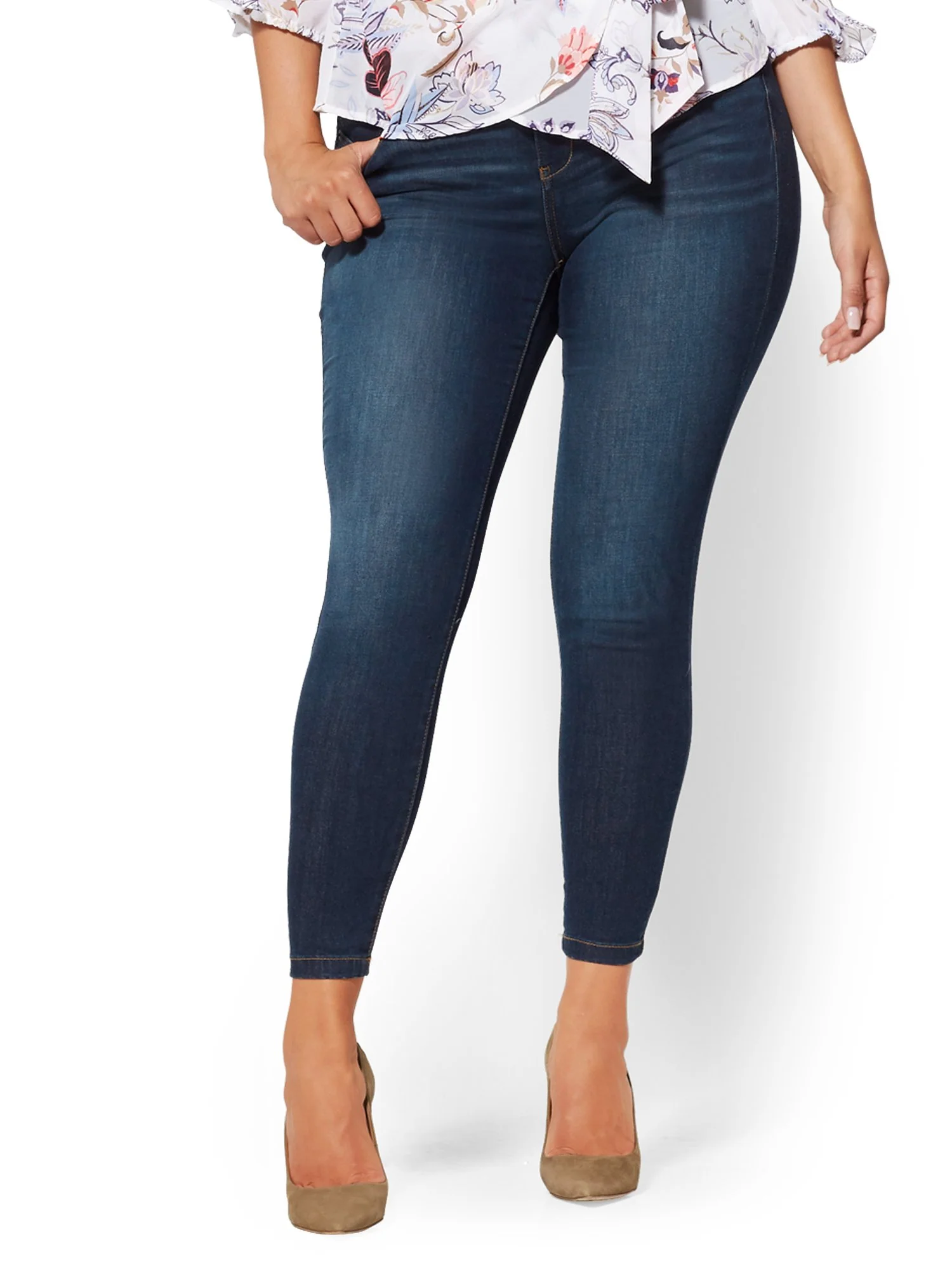 Mid-Rise Slimming No-Gap Super-Skinny Ankle Jeans - Dark Blue