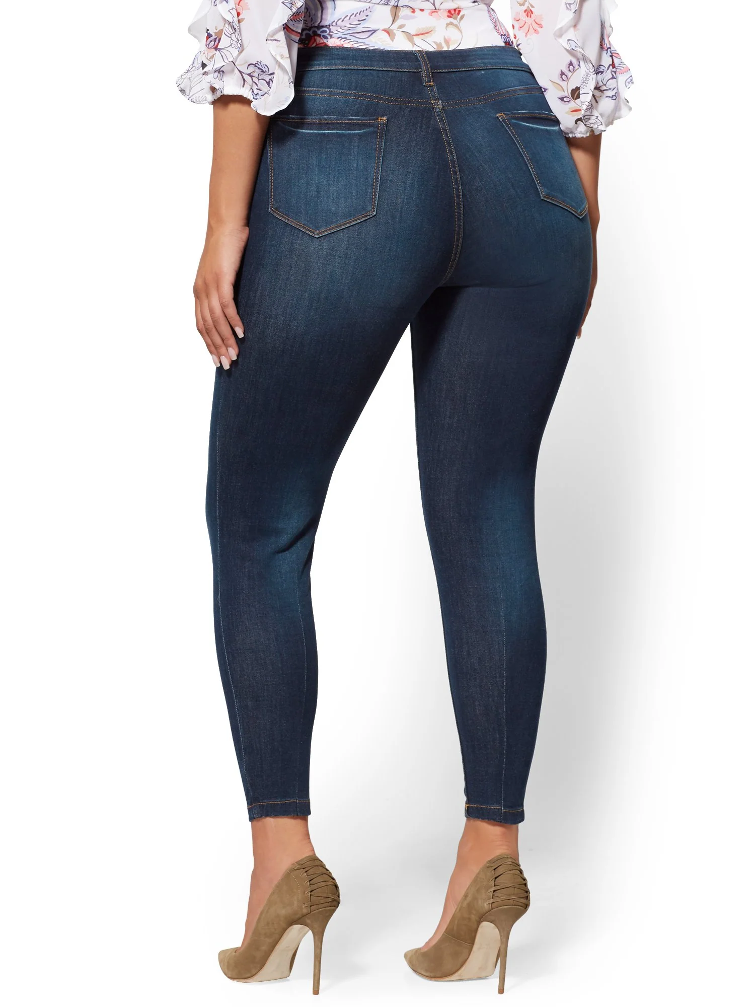 Mid-Rise Slimming No-Gap Super-Skinny Ankle Jeans - Dark Blue - Image 3