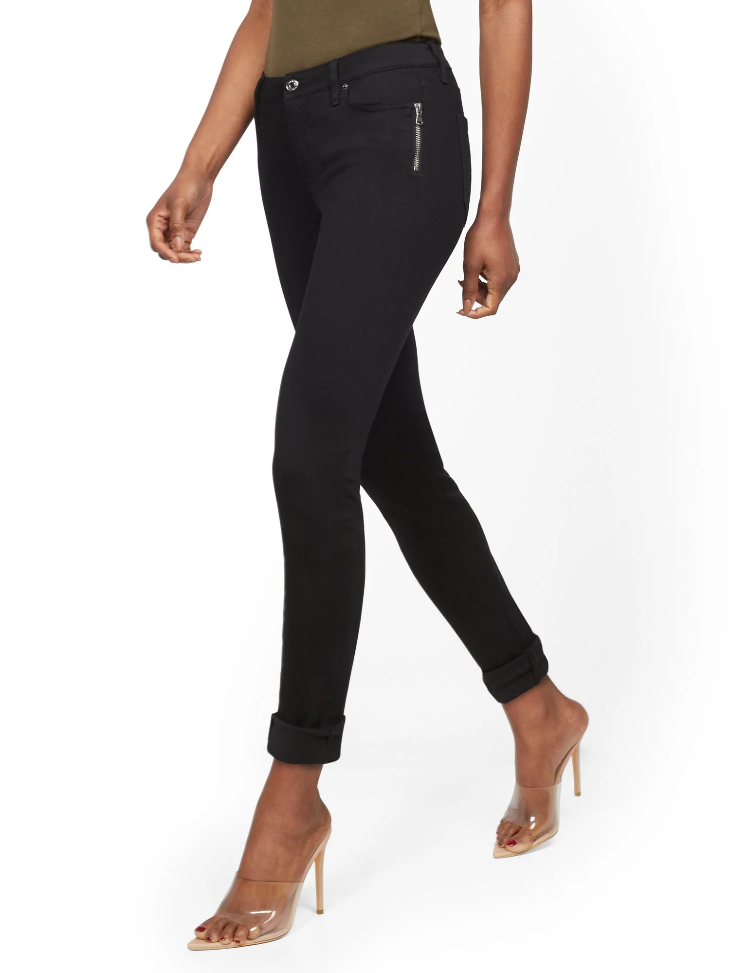 Mid-Rise Zip-Accent Slim Boyfriend Jeans - Black - Image 2