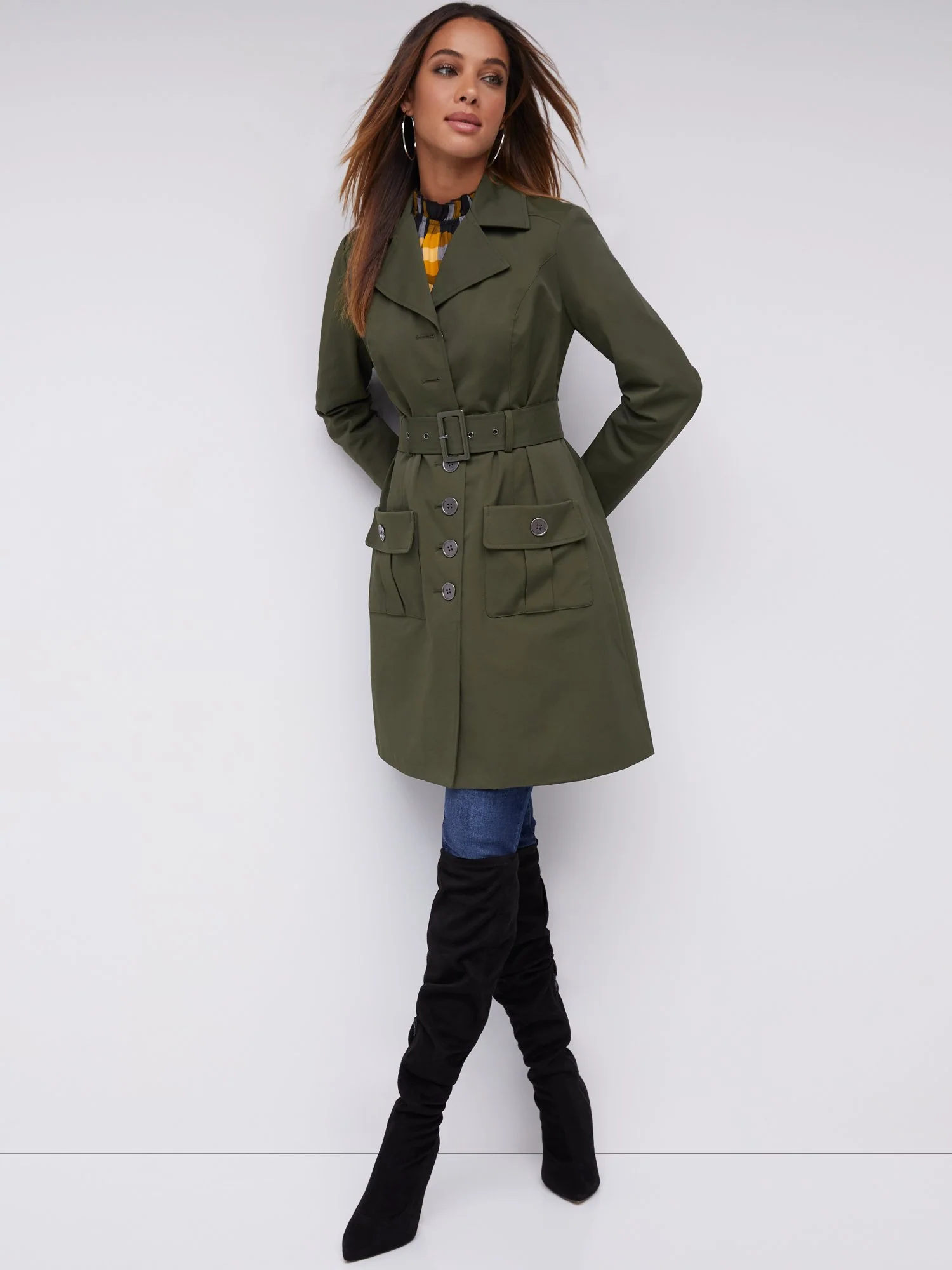 Long Sleeves Belted Military City Trench Coat - Image 16