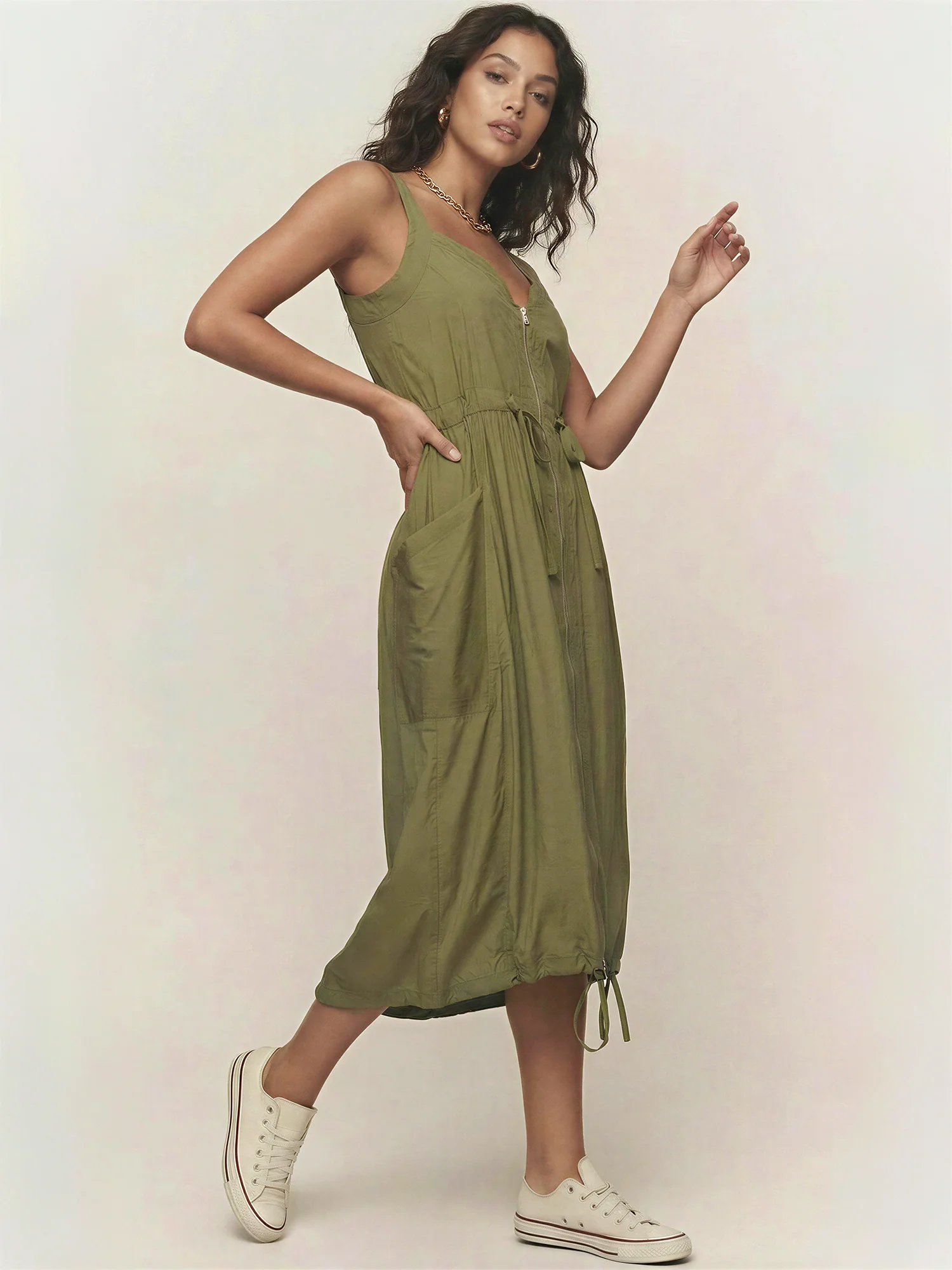 Mira V-Neck Tie Waist Cargo Midi Dress - Image 2