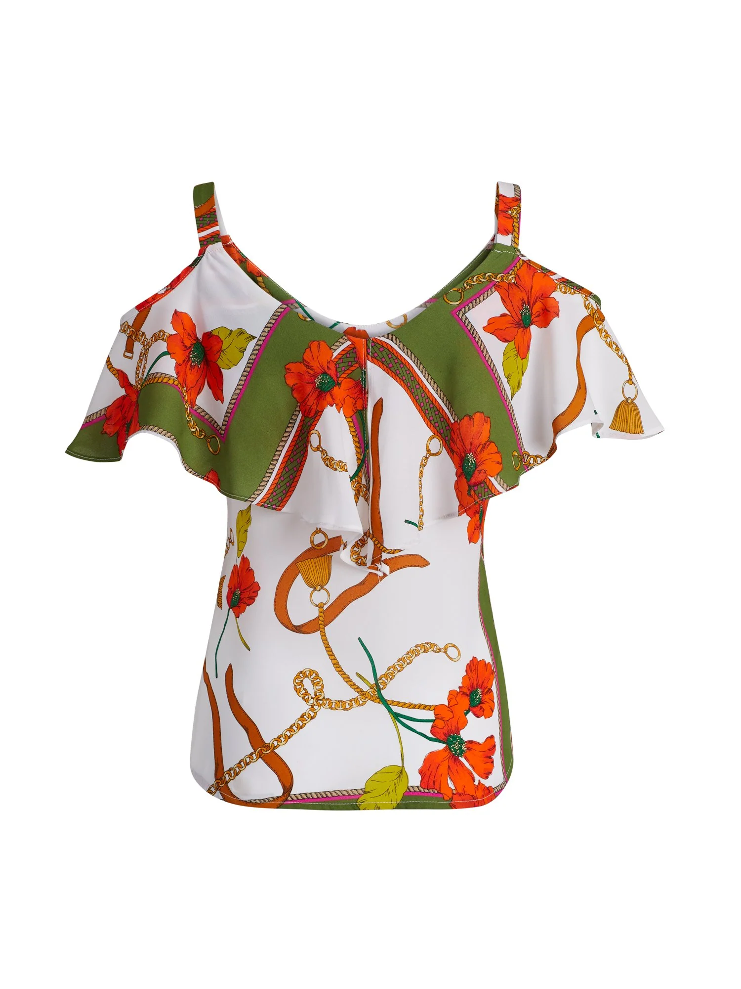 Mixed Floral Print Ruffled Cold-Shoulder Top - Image 3