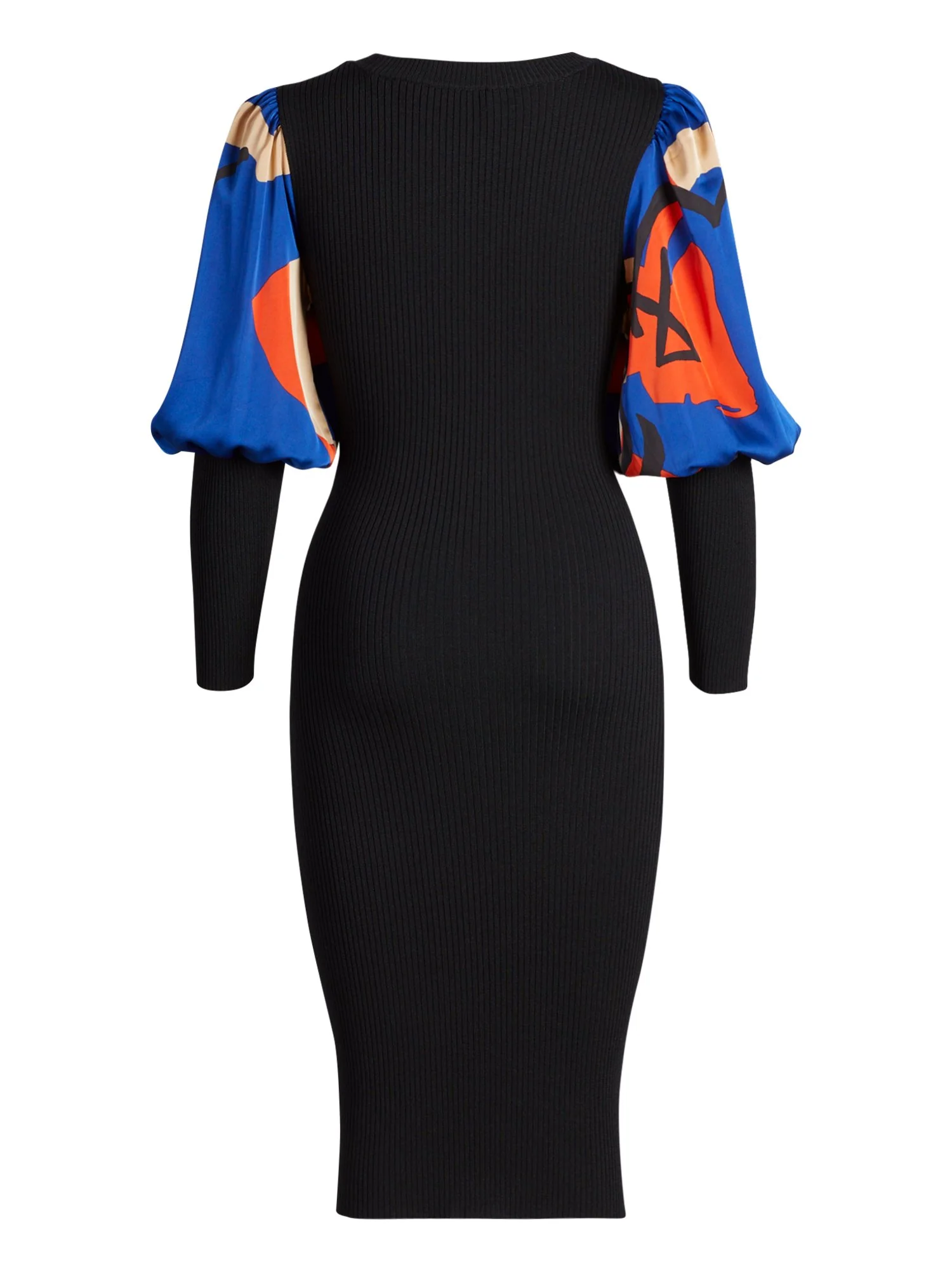 Mixed-Media Puff-Sleeve Sweater Dress - Abstract Print - Image 3