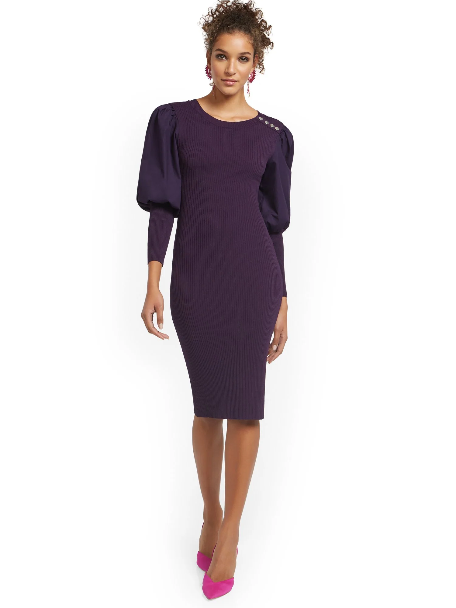Mixed Media Puff-Sleeves Sweater Dress - Image 2