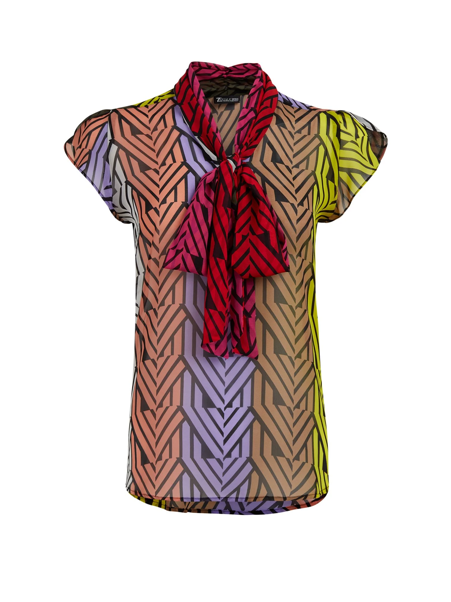 Mixed-Print Tulip-Sleeve Bow Blouse - 7th Avenue - Image 2