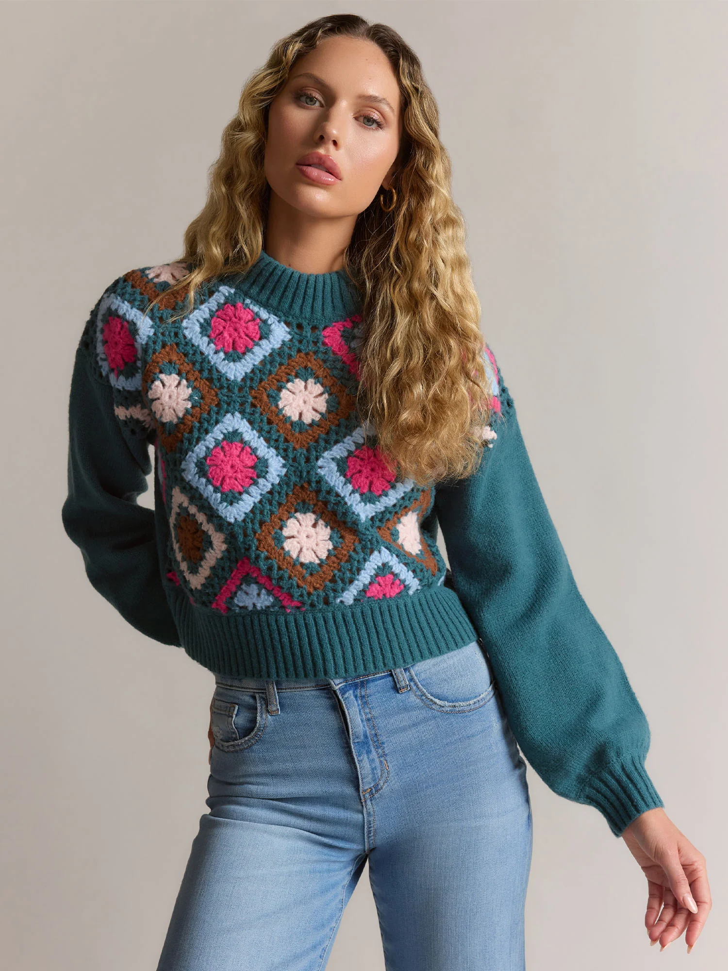 Dreamers Mock Neck Granny Crochet Open Front Sweater - Brands We Love - Image 5