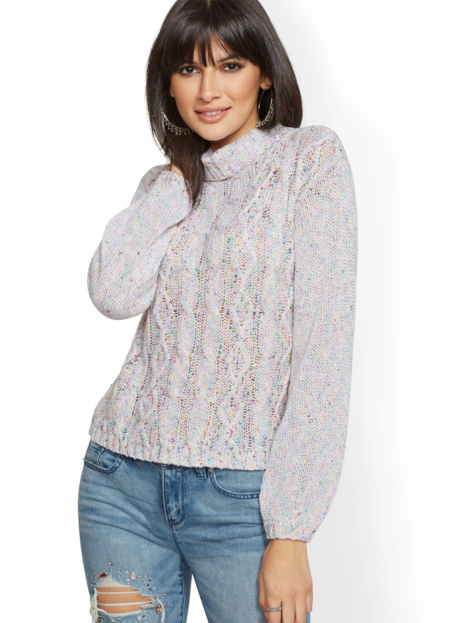 Mock-Neck Marled Cable-Knit Sweater - Image 2
