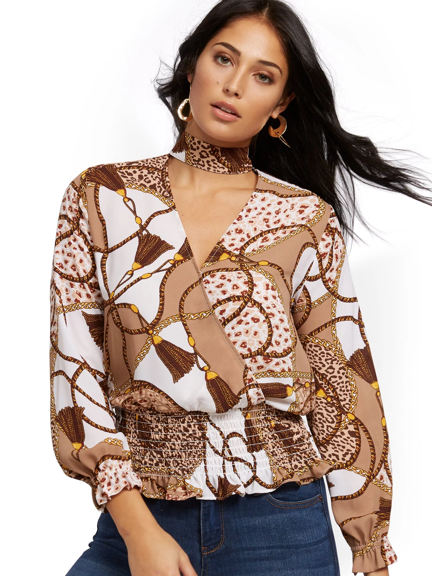 Mock-Neck Wrap Blouse - Mixed Print - Image 2