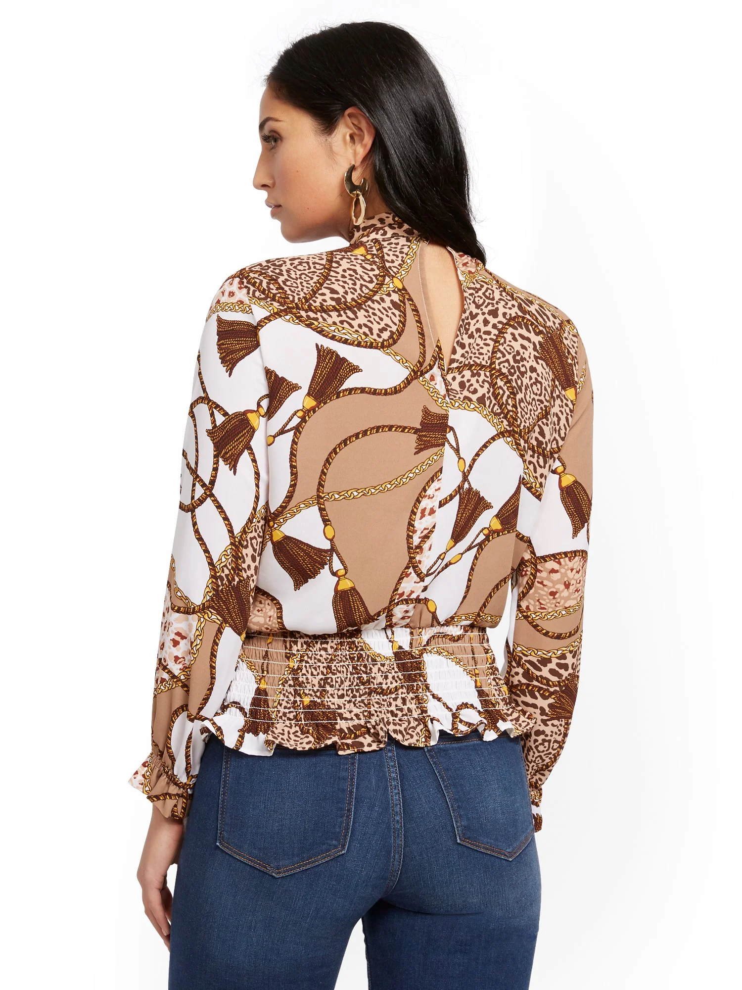 Mock-Neck Wrap Blouse - Mixed Print - Image 3