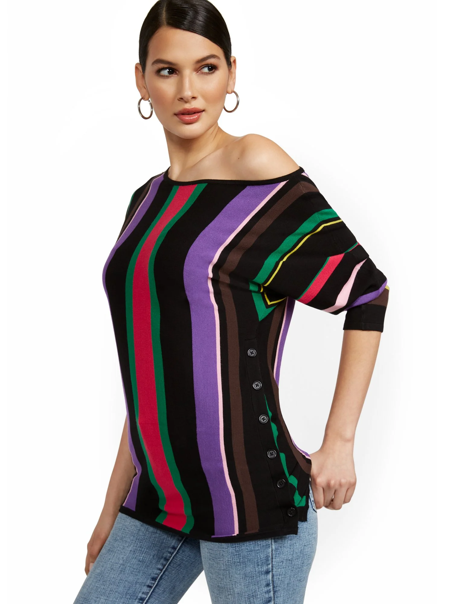 Multi-Stripe Side-Button Tunic Sweater - Image 2
