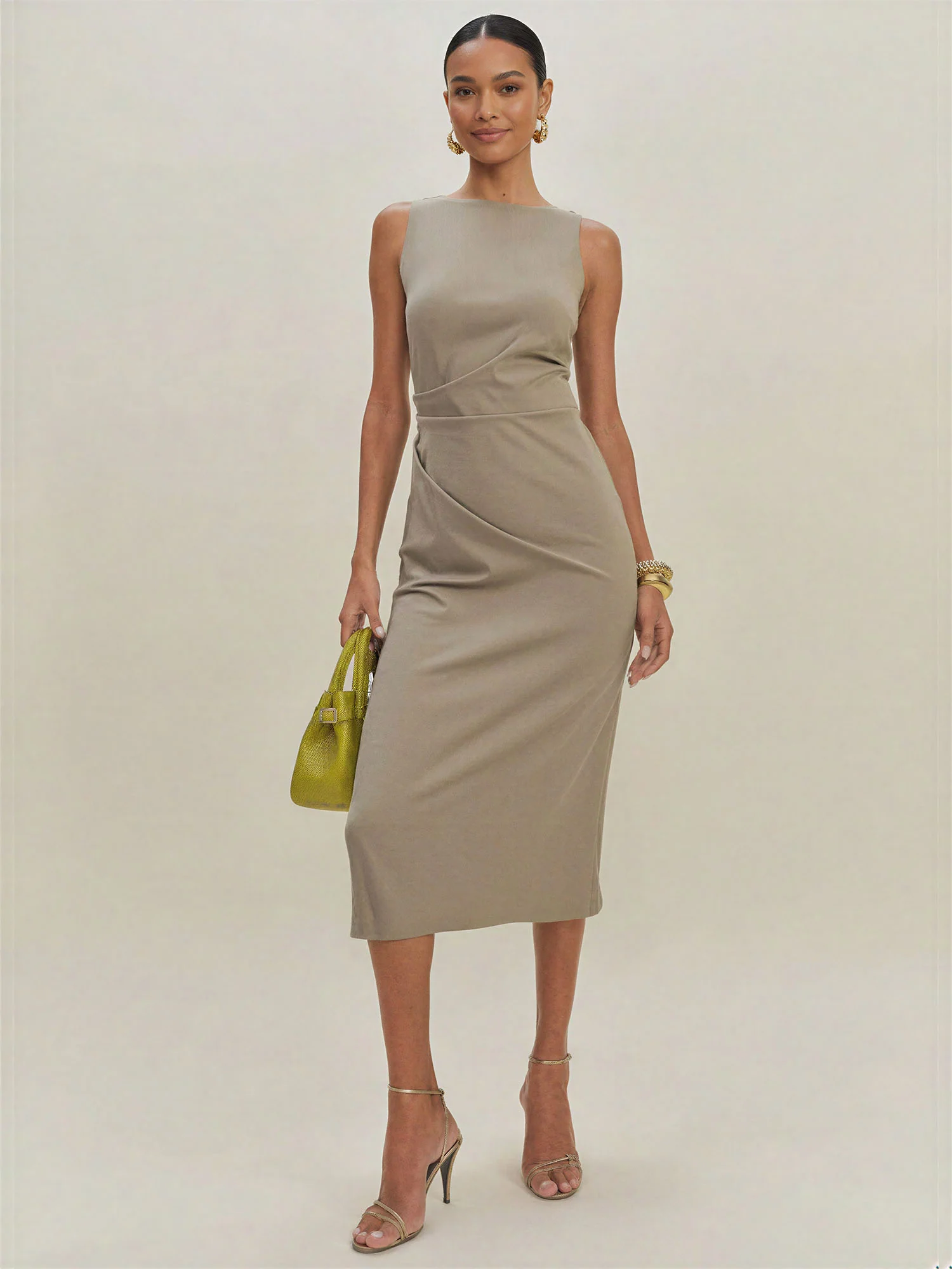 Nadia Sleeveless Ruched Waist Crepe Column Midi Dress - Image 7