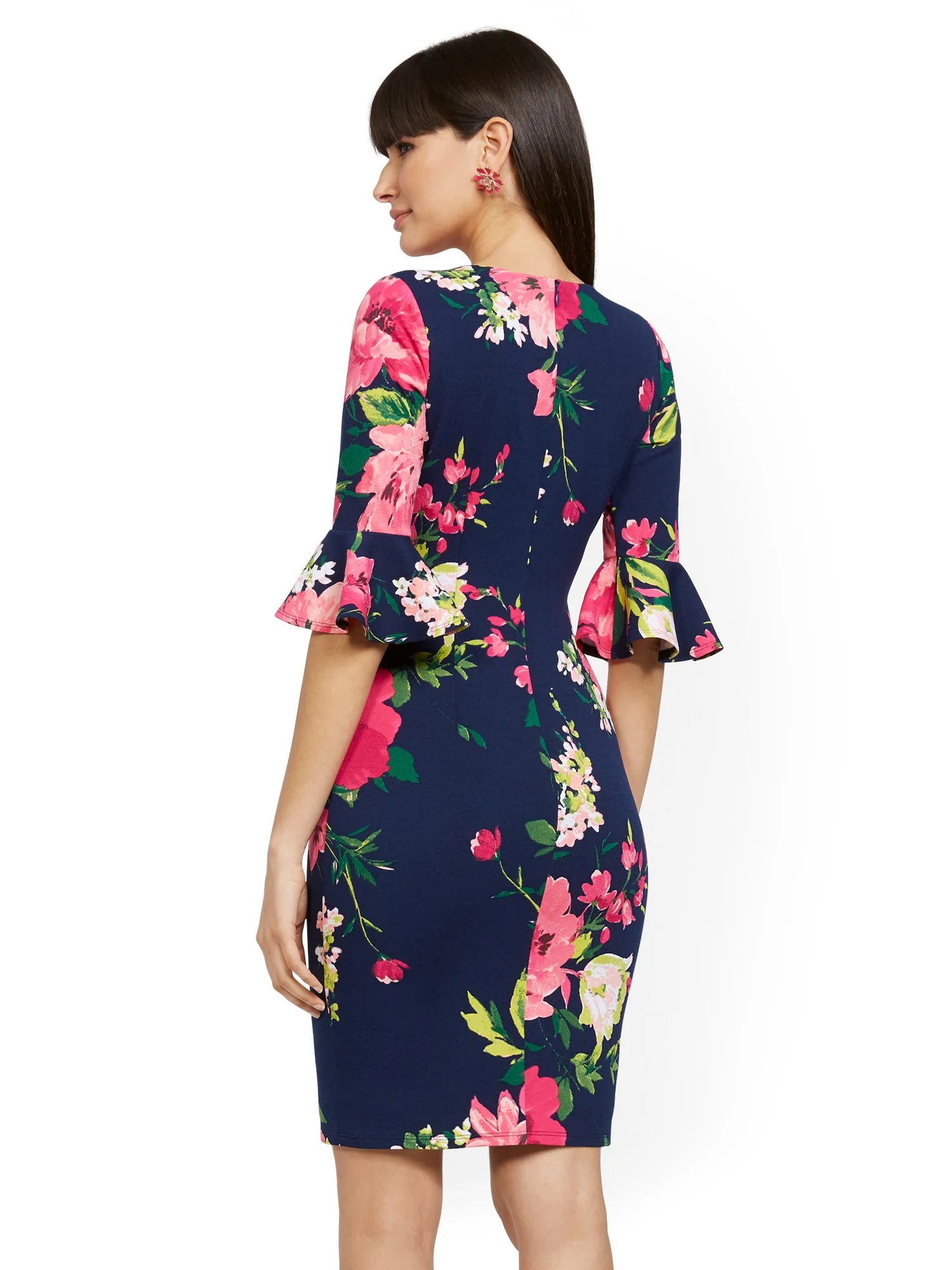 Navy Flounce-Cuff Sheath Dress - Magic Crepe® - Image 3