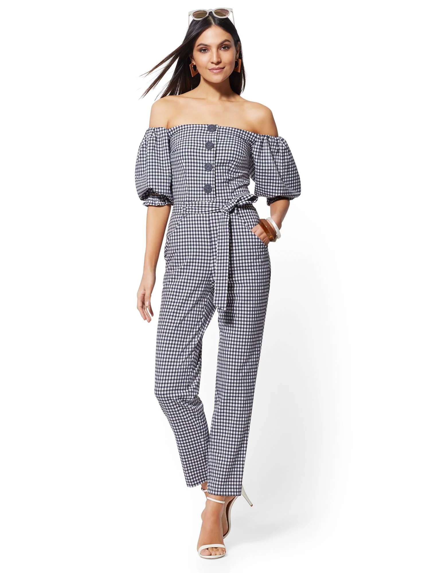 Navy Gingham Strapless Jumpsuit - Image 2