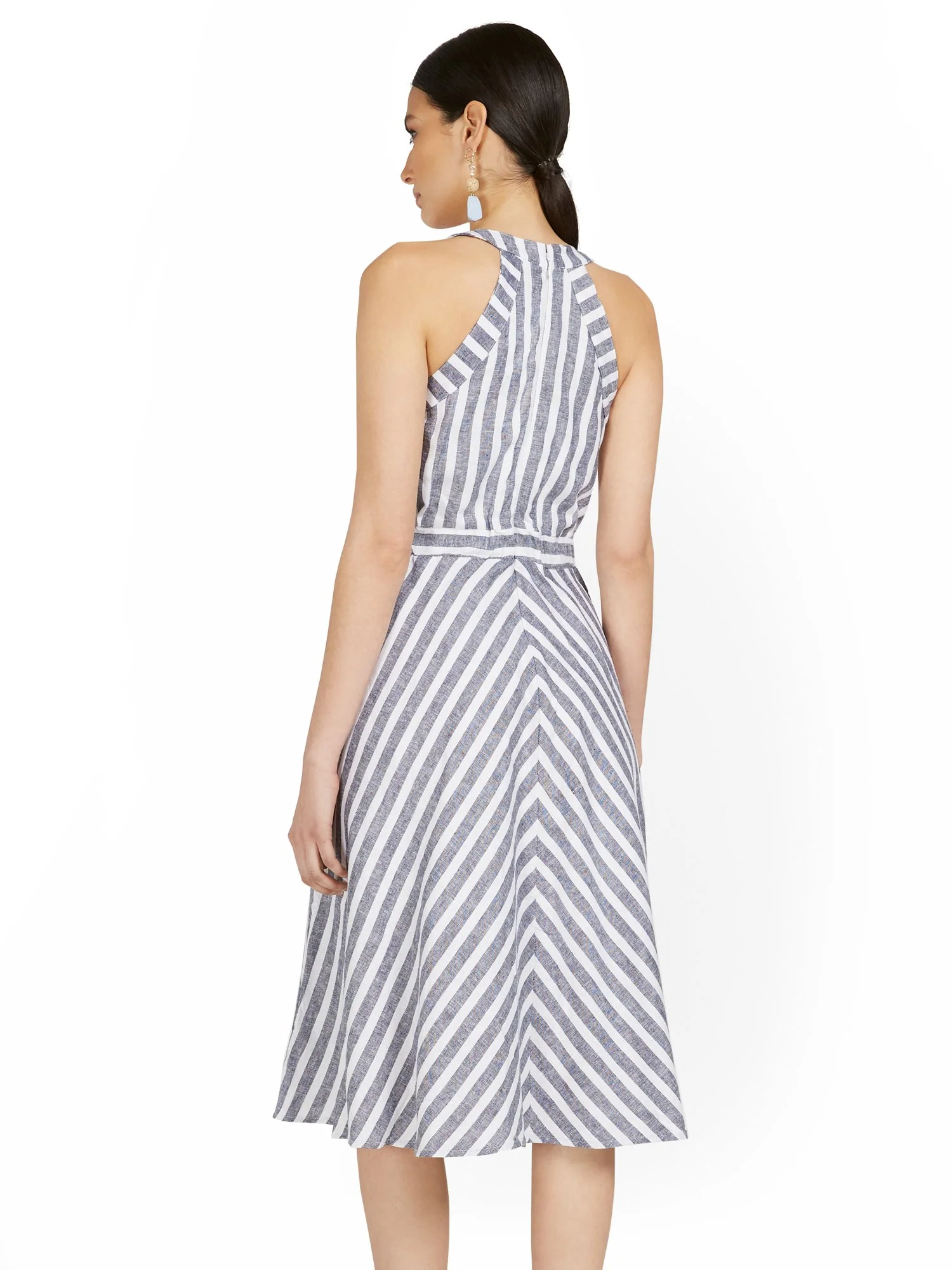 Navy Linen-Blend Halter Fit and Flare Dress - Image 3