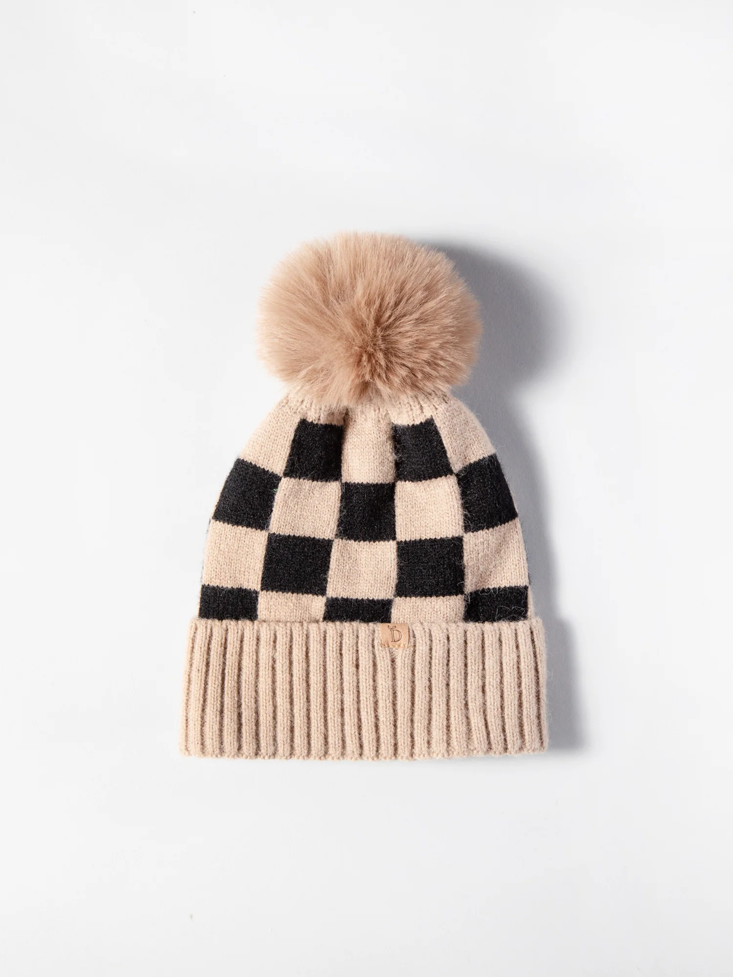 Neutral Checkerboard Pom Beanie - Image 2