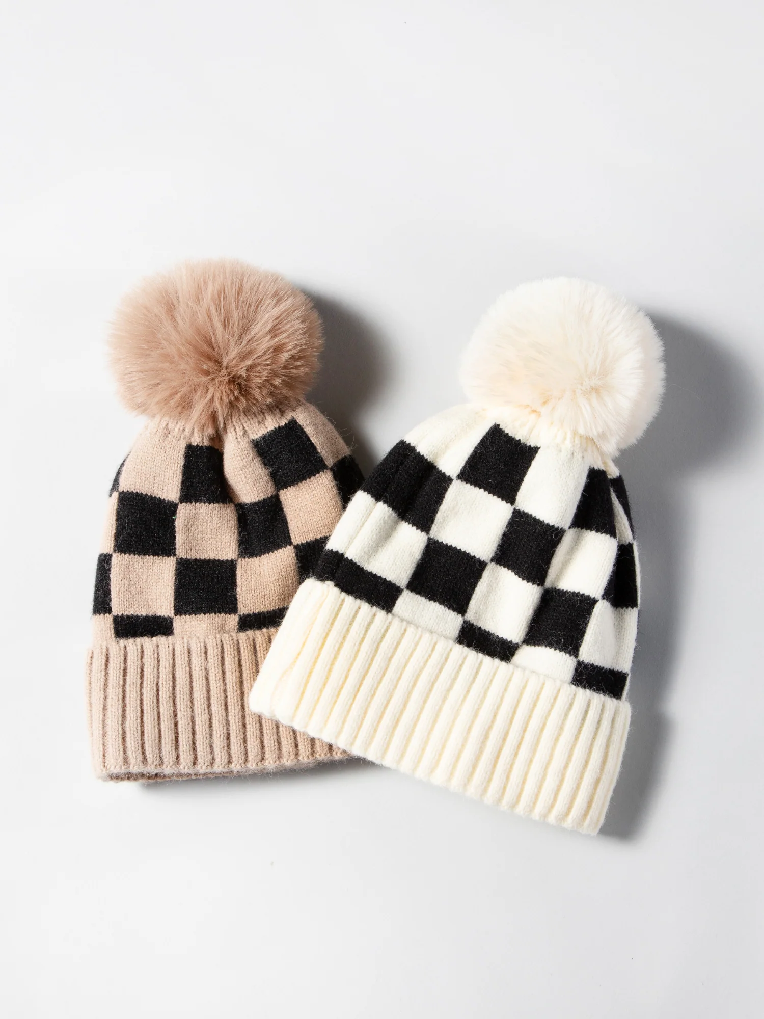 Neutral Checkerboard Pom Beanie - Image 3