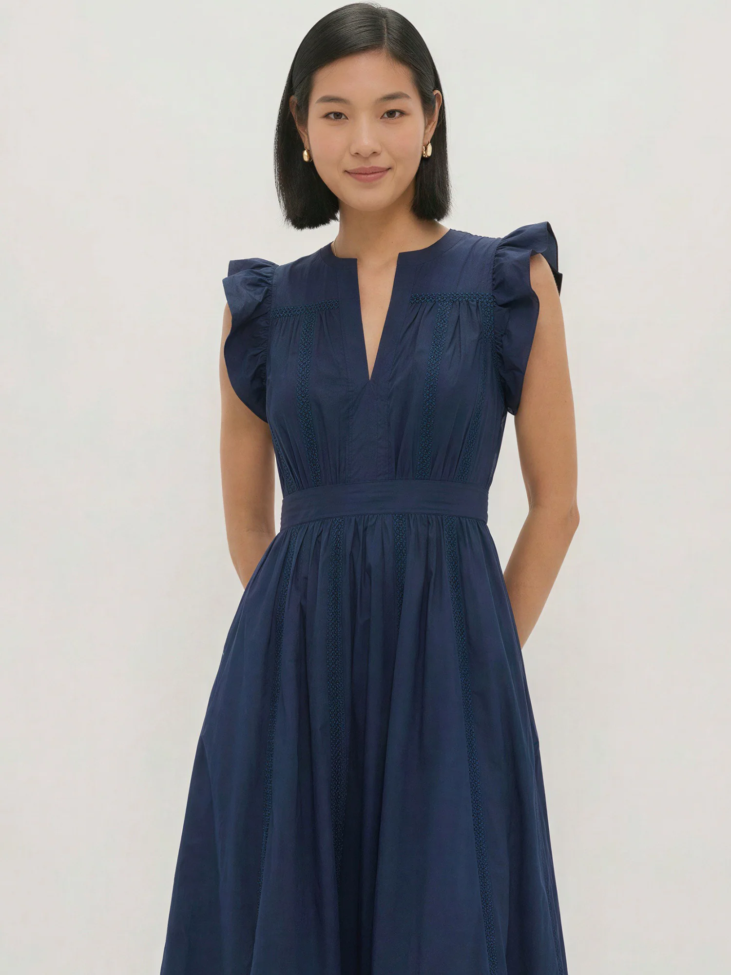 Notched Collar V-Neck Flutter Sleeve A-Line Dress - Image 2