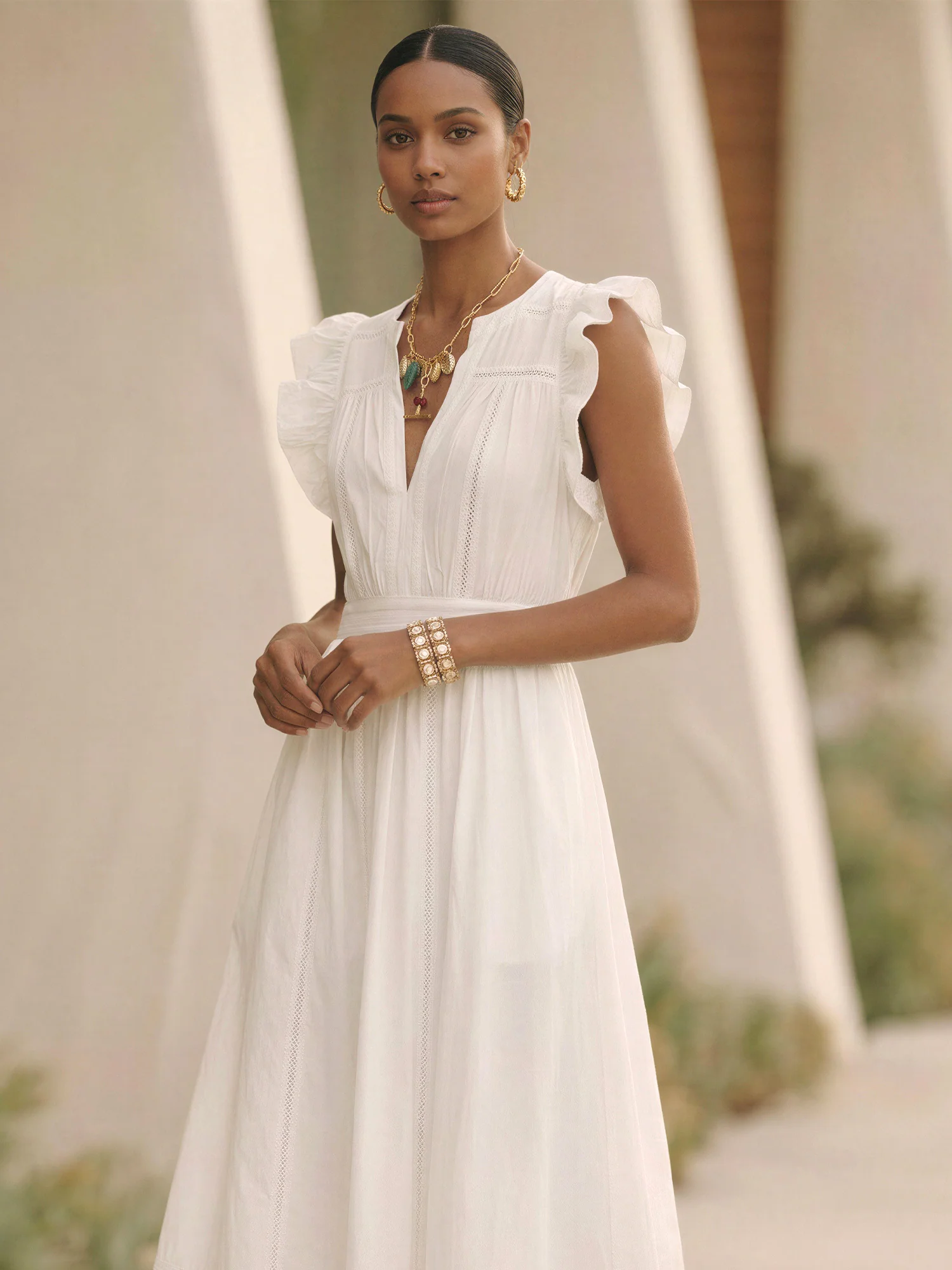 Notched Collar V-Neck Flutter Sleeve A-Line Dress - Image 6