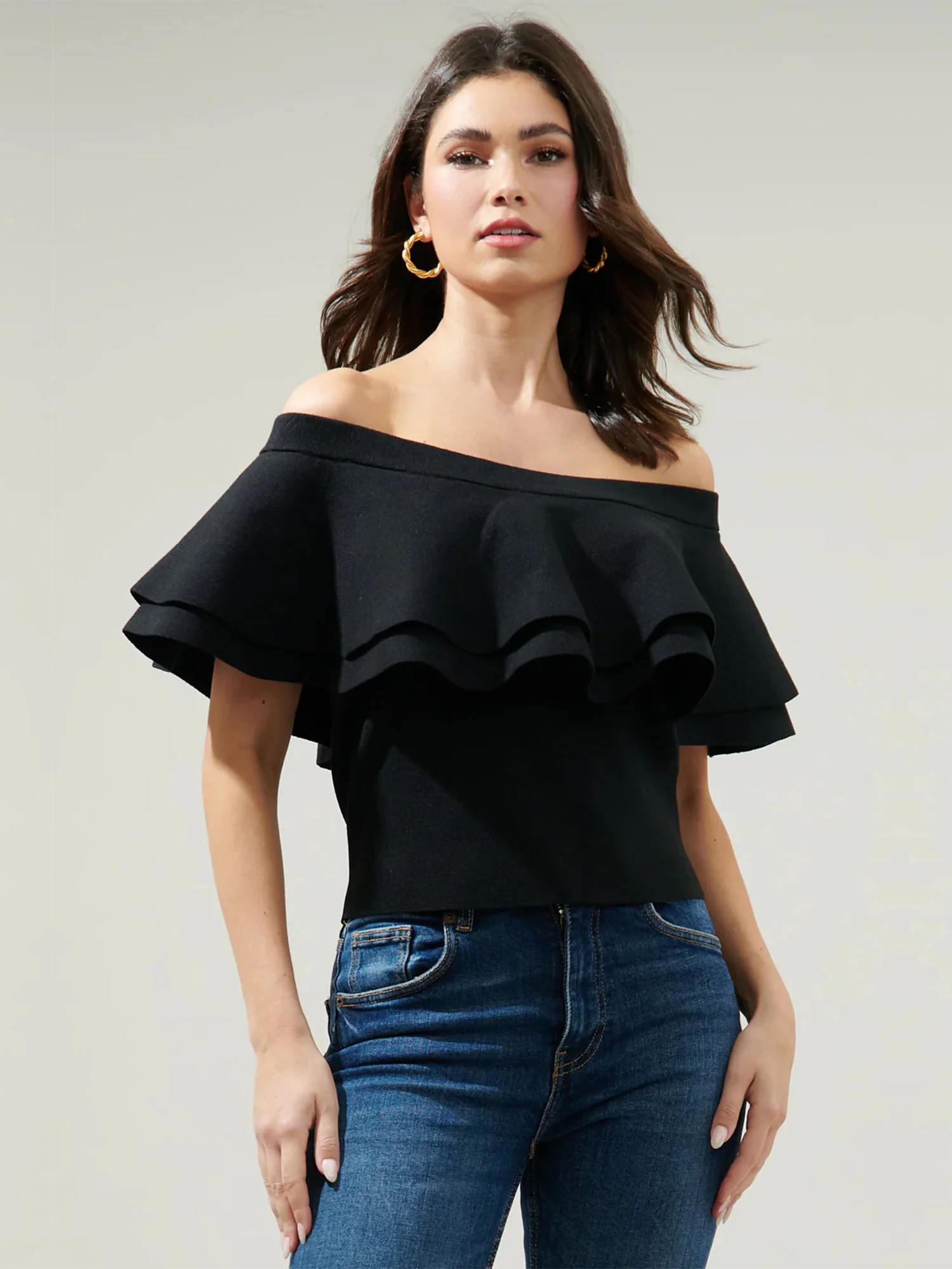 Sugarlips Off Shoulder Sweater Knit Flounce Top - Brands We Love
