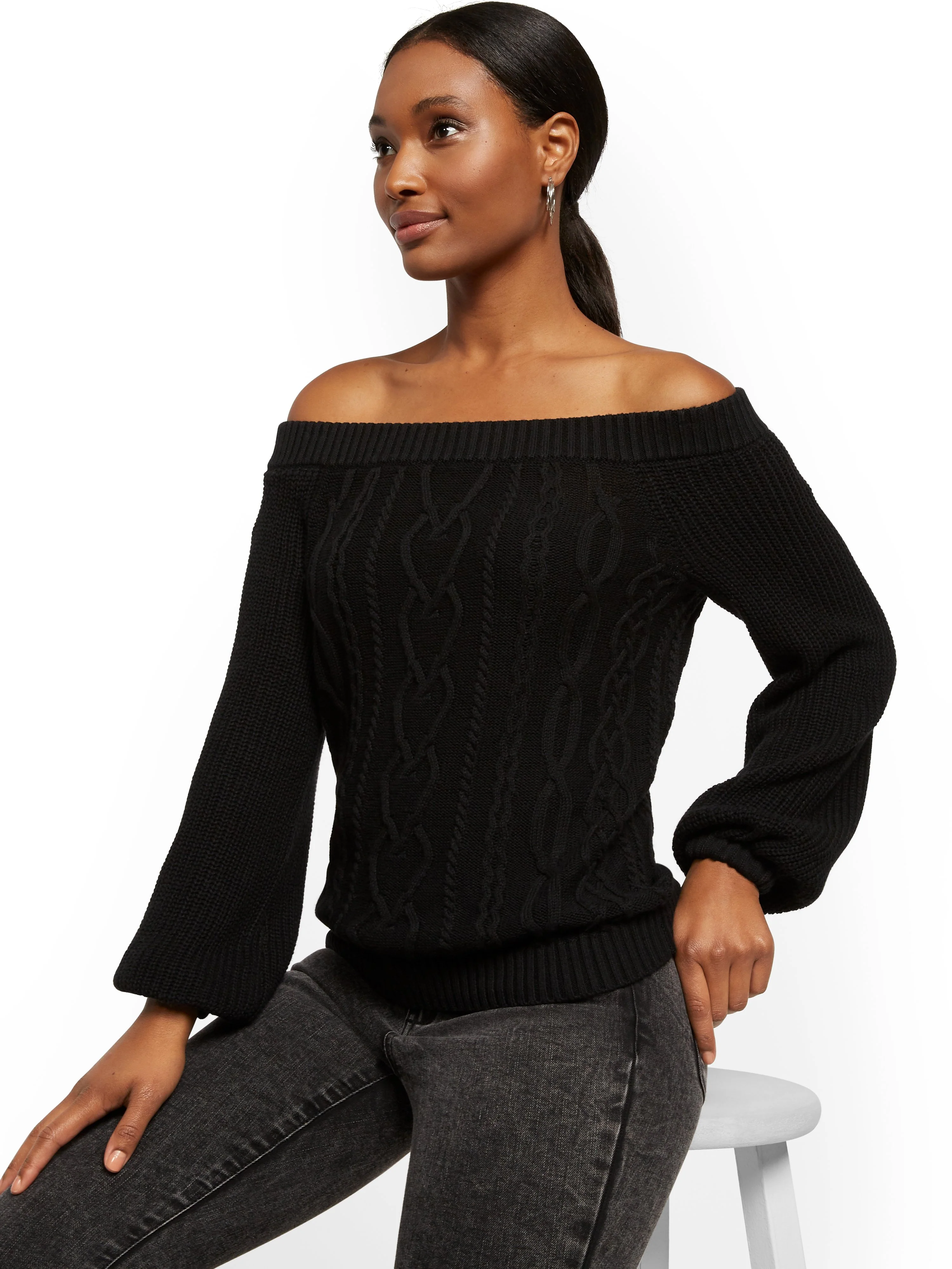 Off-The-Shoulder Cable-Knit Sweater